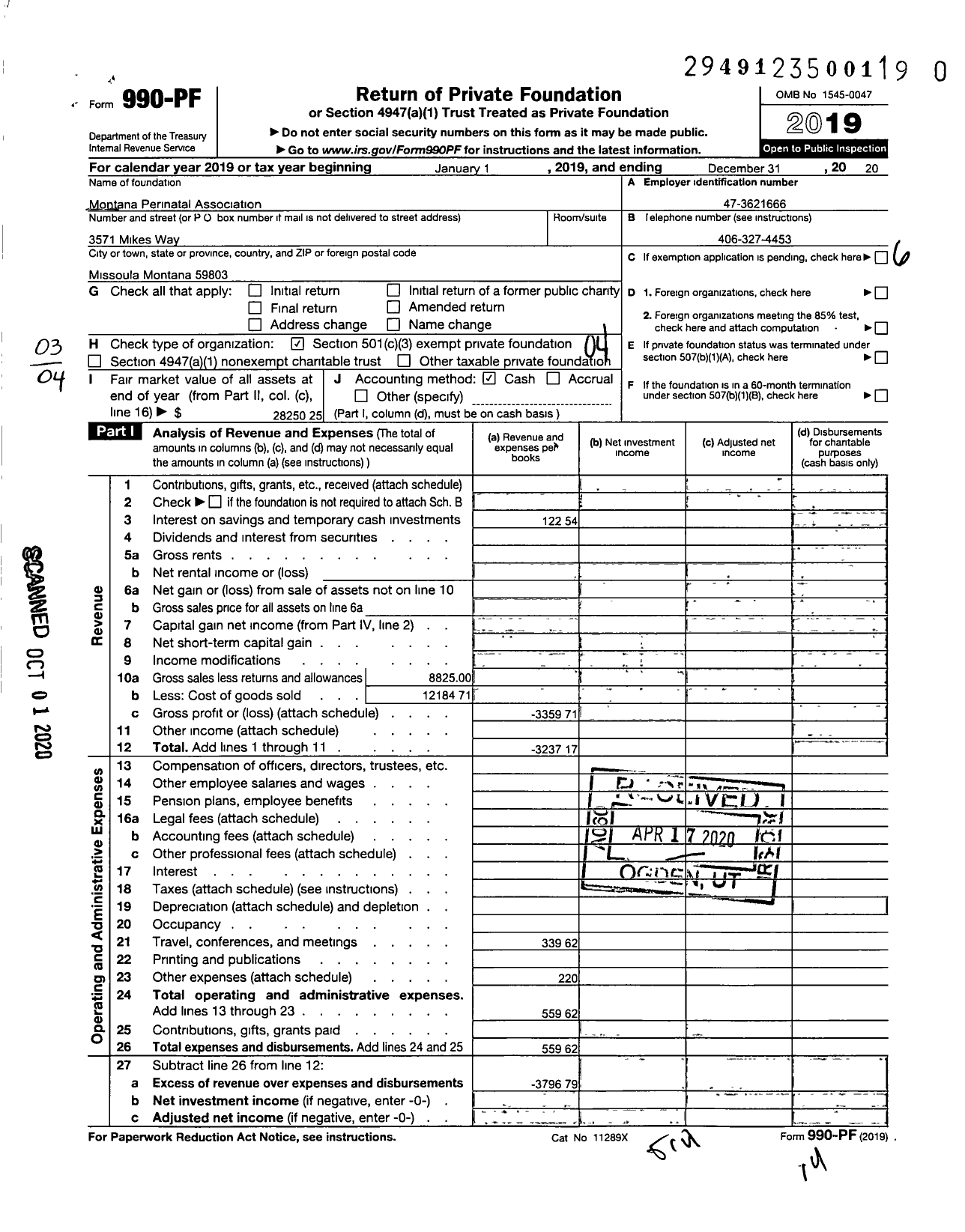 Image of first page of 2019 Form 990PR for Montana Perinatal Association