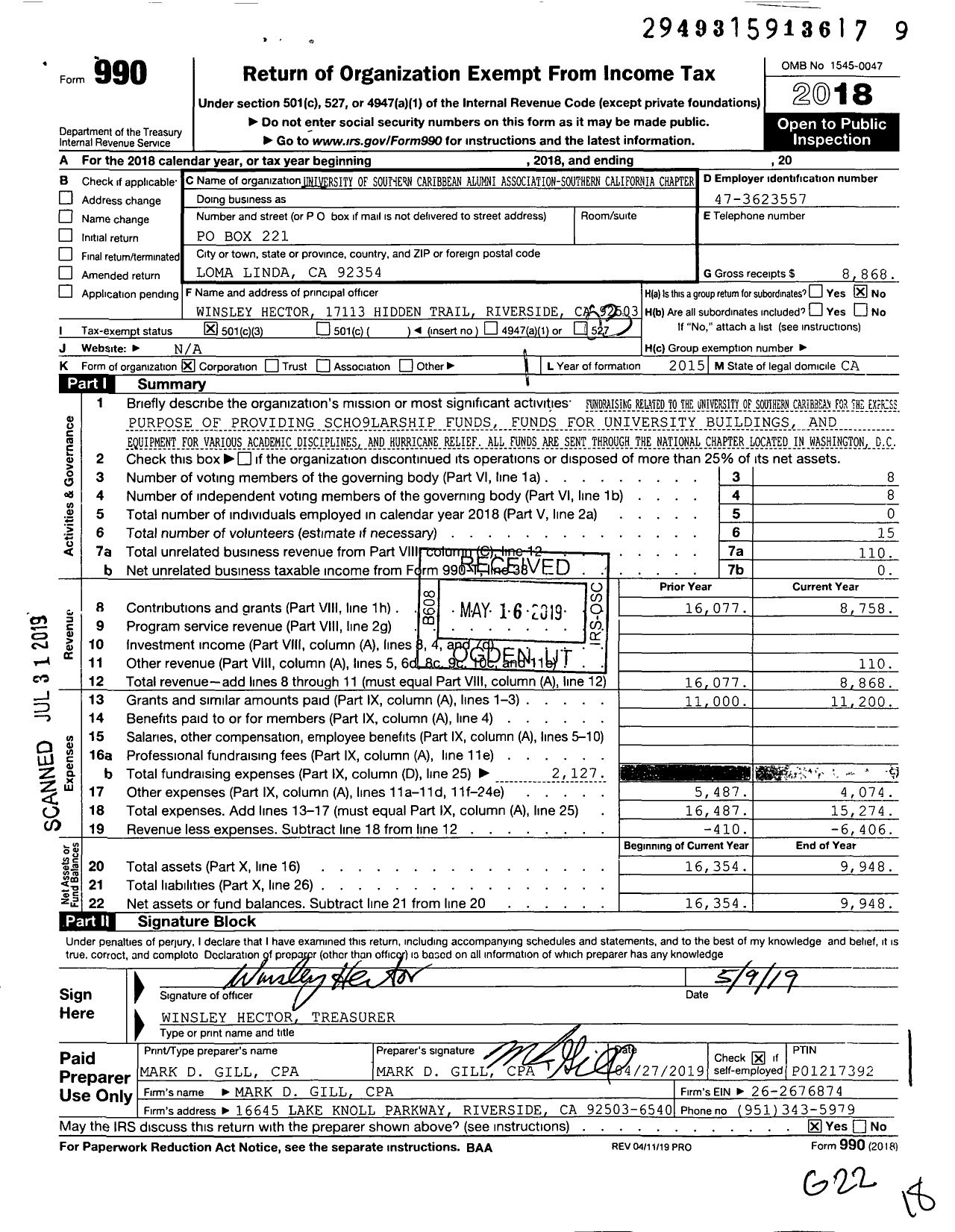 Image of first page of 2018 Form 990 for University of Southern Caribbean Alumni Association-Southern California Chapter