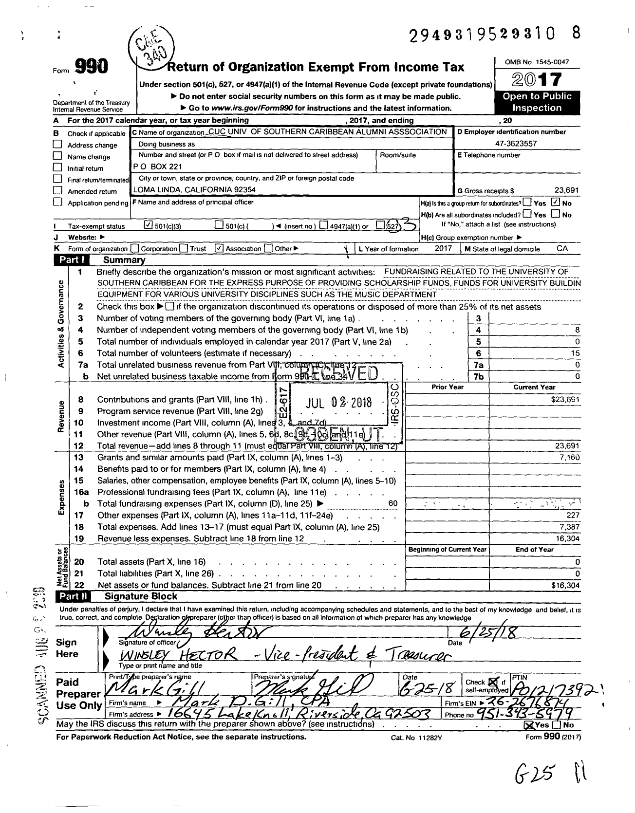 Image of first page of 2017 Form 990 for University of Southern Caribbean Alumni Association-Southern California Chapter