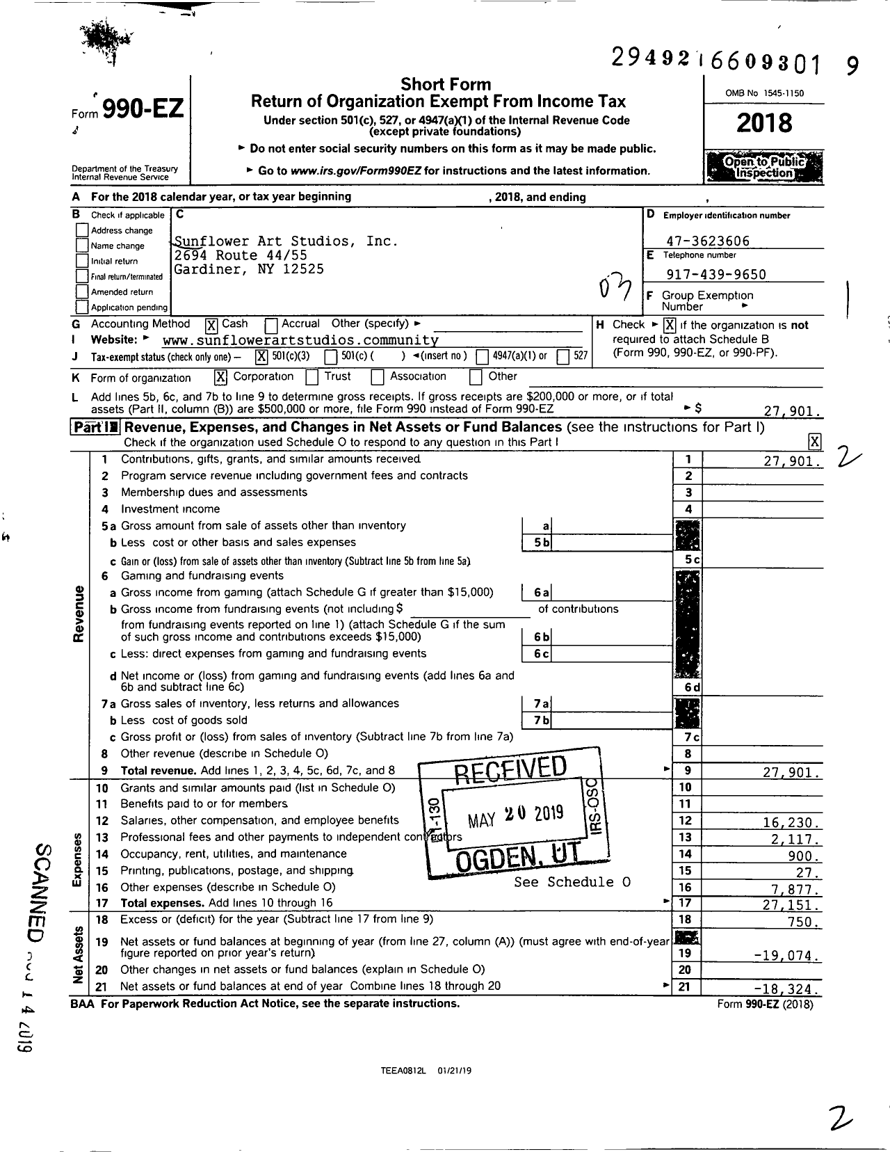 Image of first page of 2018 Form 990EZ for Sunflower Art Studios