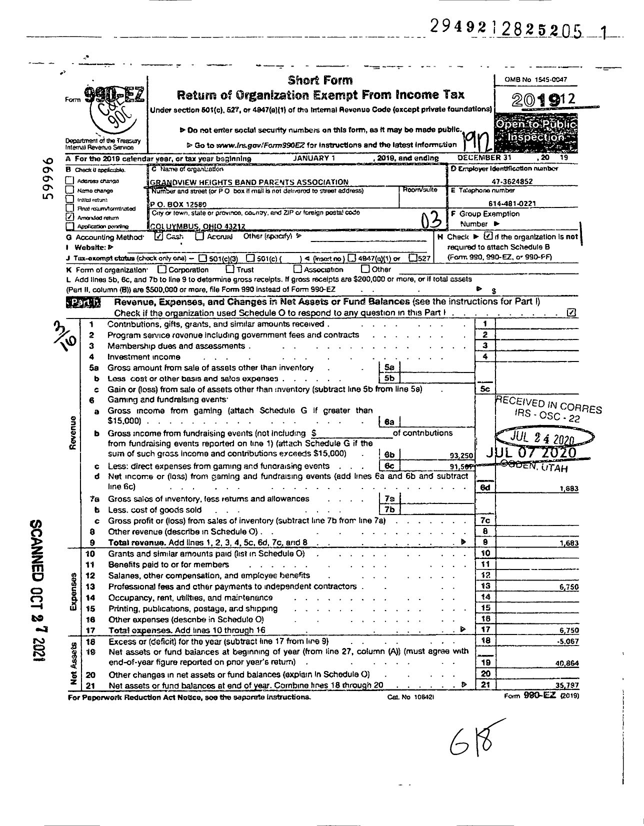 Image of first page of 2019 Form 990EZ for Grandview Heights Band Parents Association