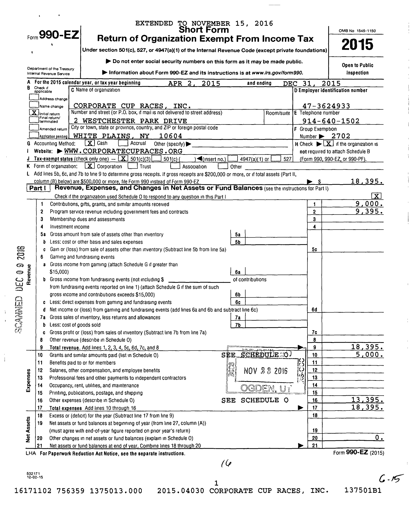 Image of first page of 2015 Form 990EZ for Corporate Cup Races