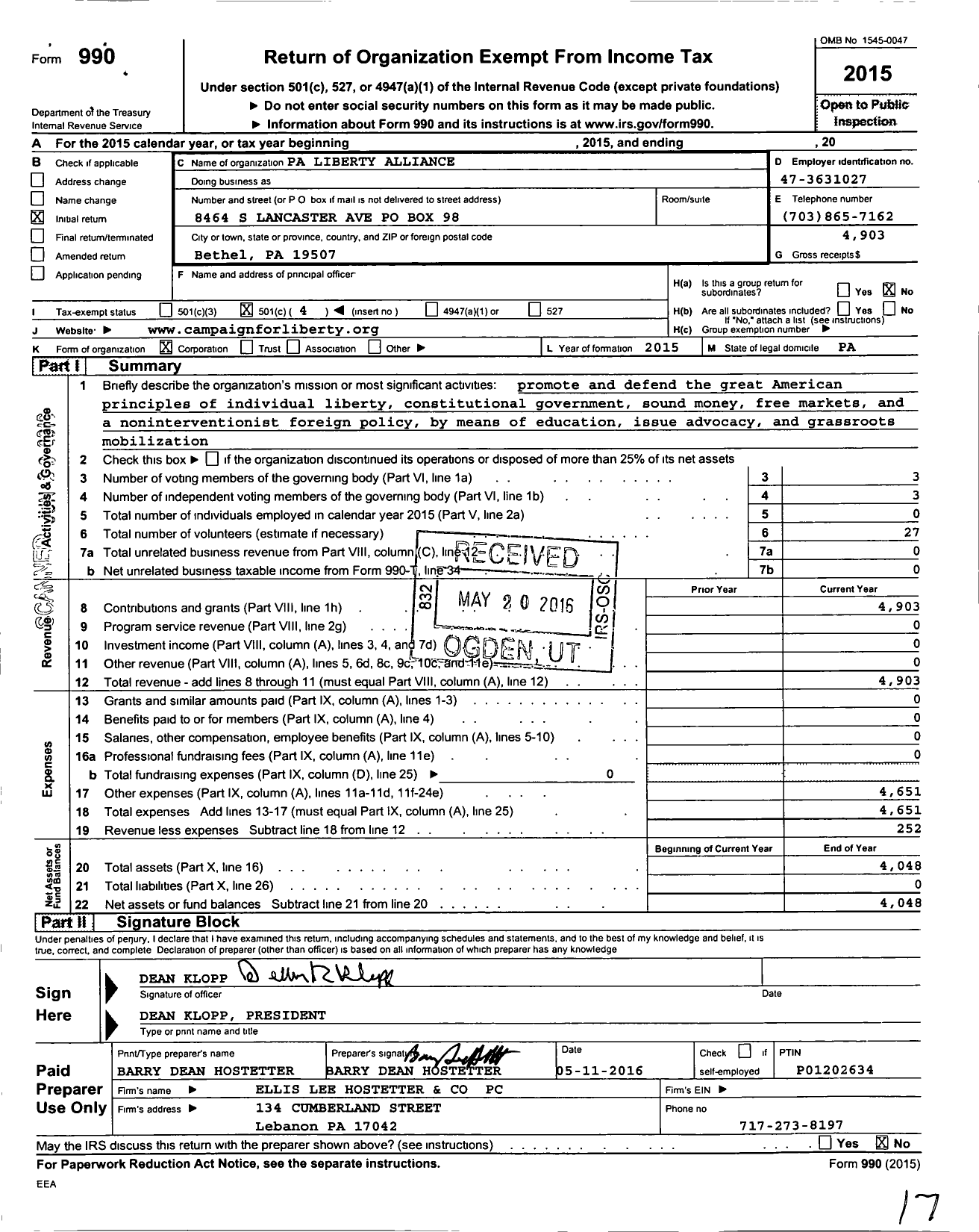 Image of first page of 2015 Form 990O for Pa Liberty Alliance