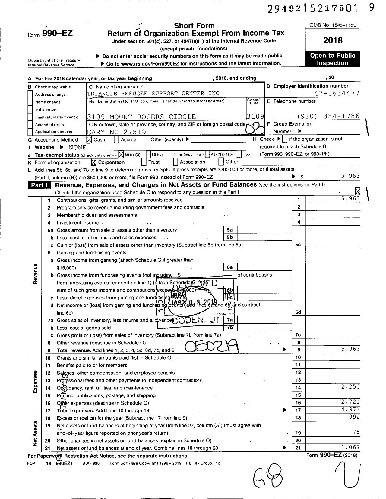Image of first page of 2018 Form 990EZ for Triangle Refugee Support Center