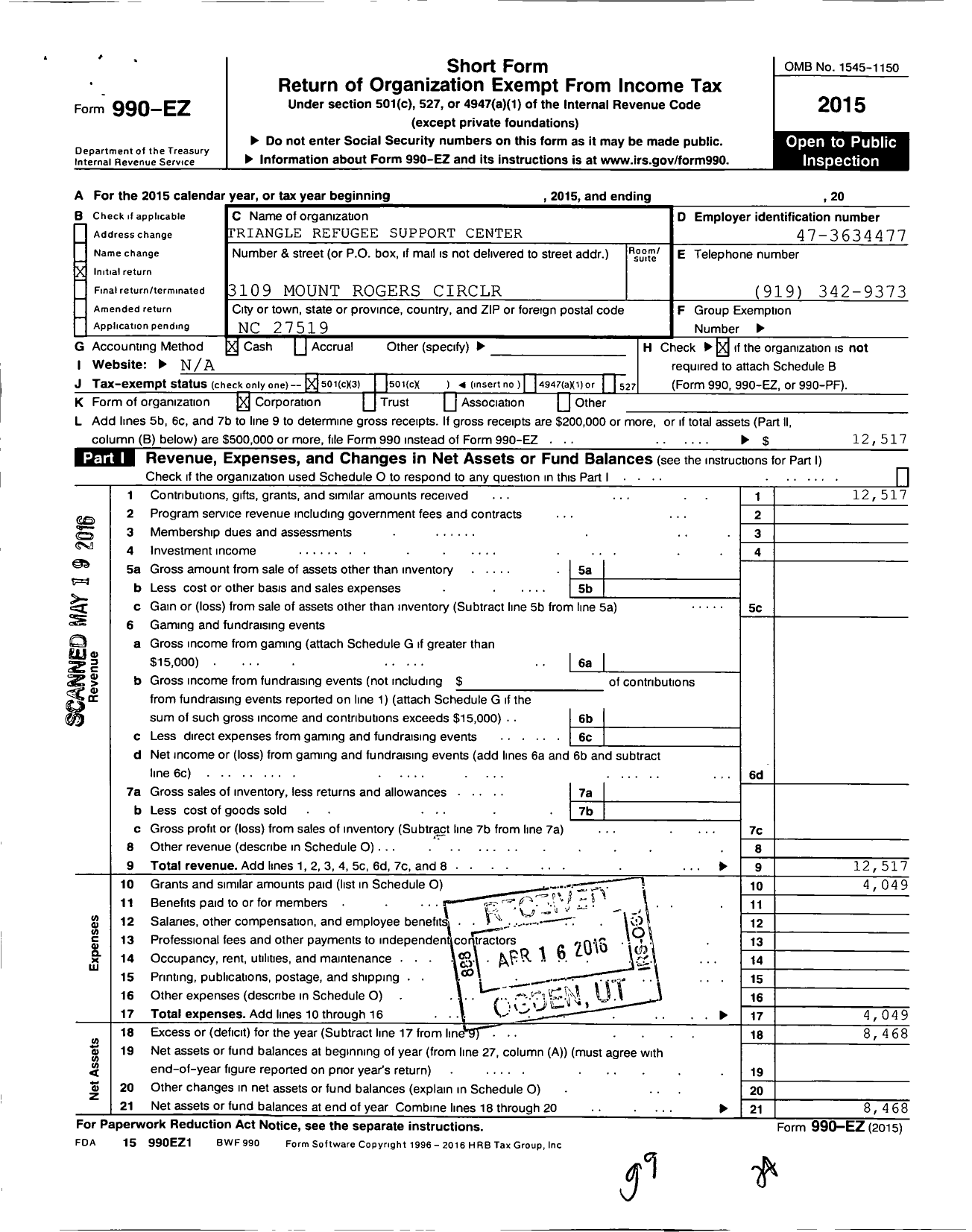 Image of first page of 2015 Form 990EZ for Triangle Refugee Support Center