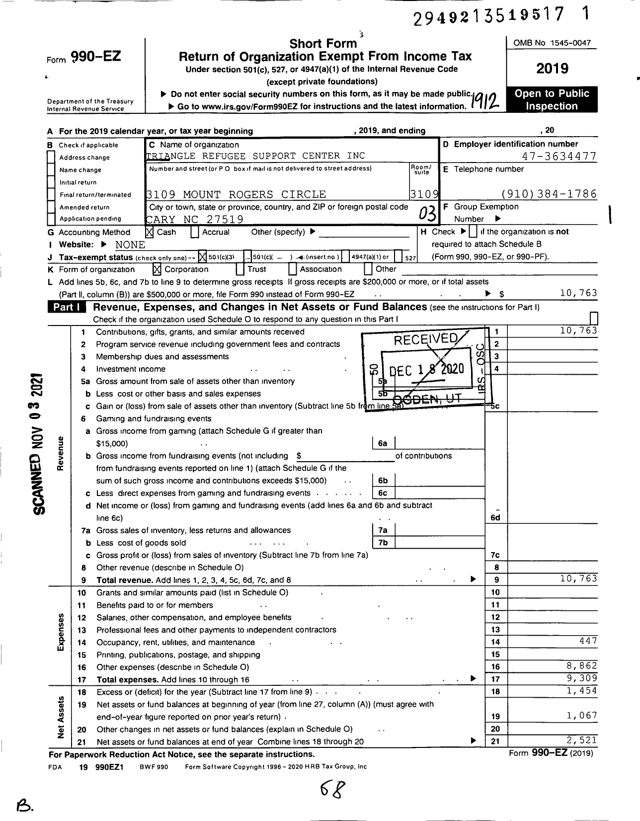 Image of first page of 2019 Form 990EZ for Triangle Refugee Support Center