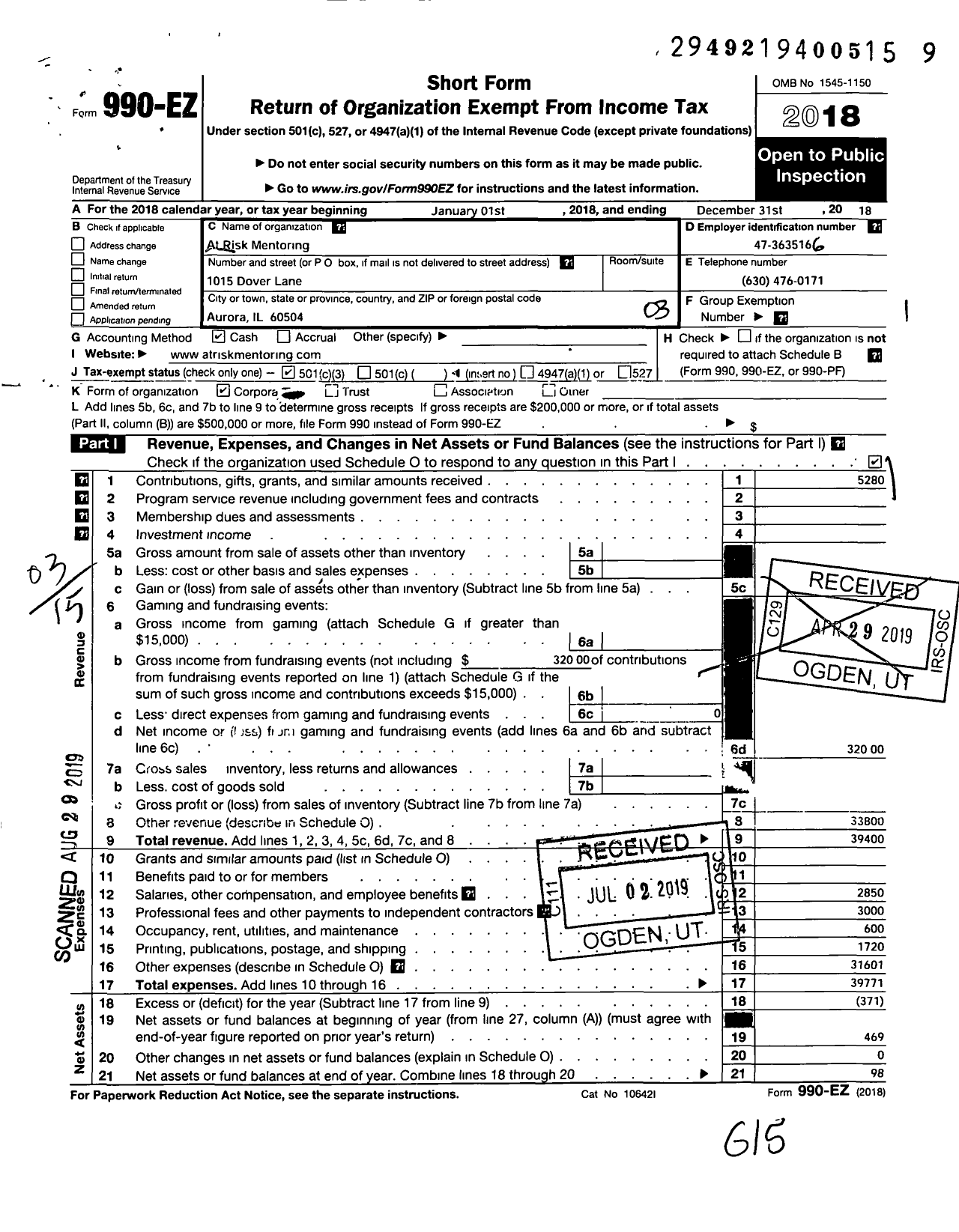 Image of first page of 2018 Form 990EZ for At Risk Mentoring