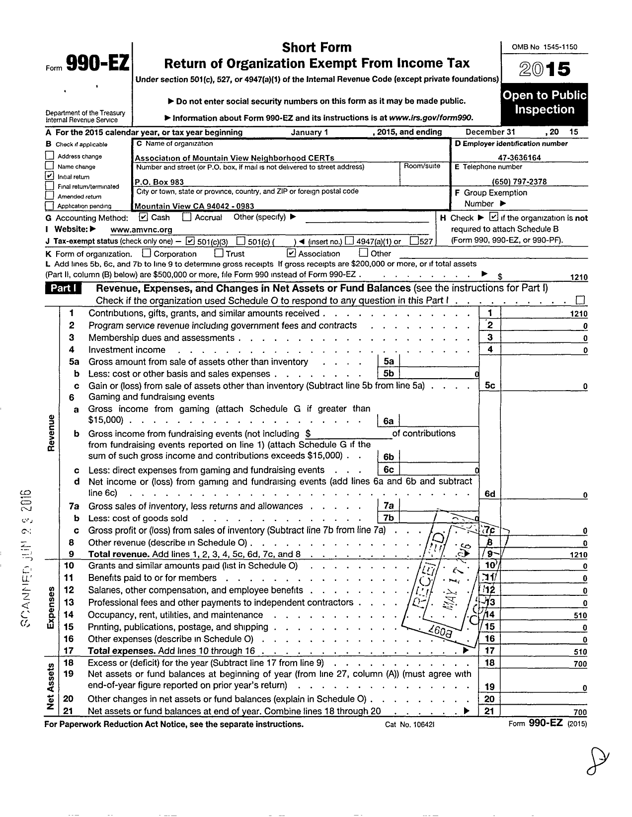 Image of first page of 2015 Form 990EZ for Association of Mountain View Neighborhood Certs