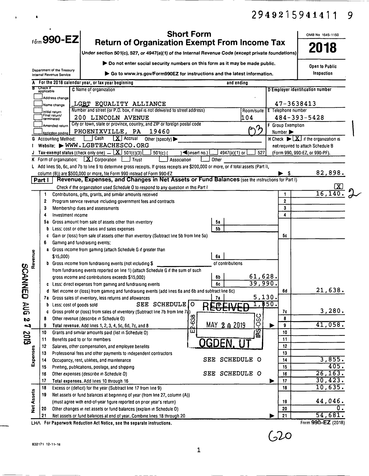 Image of first page of 2018 Form 990EZ for LGBT Equality Alliance