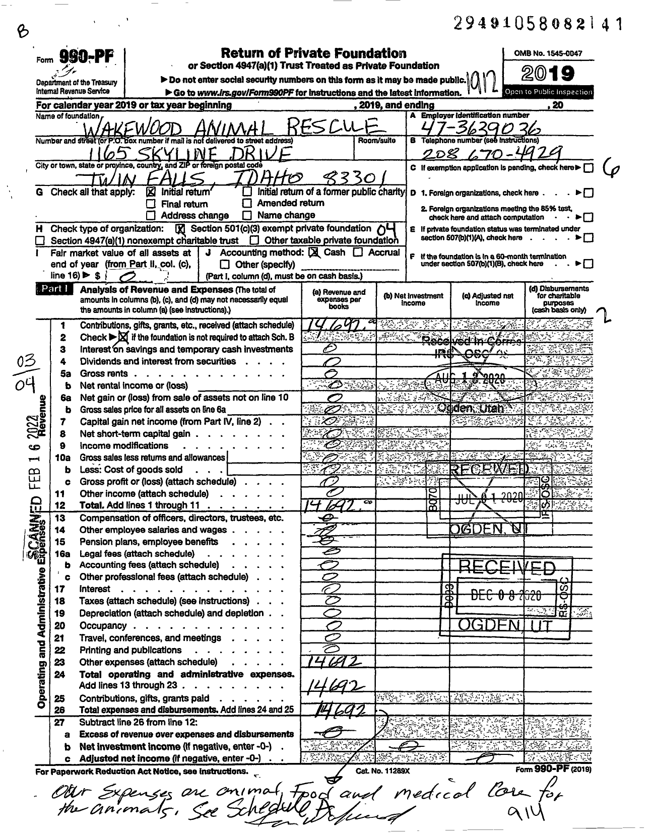 Image of first page of 2019 Form 990PF for Wakewood Animal Rescue
