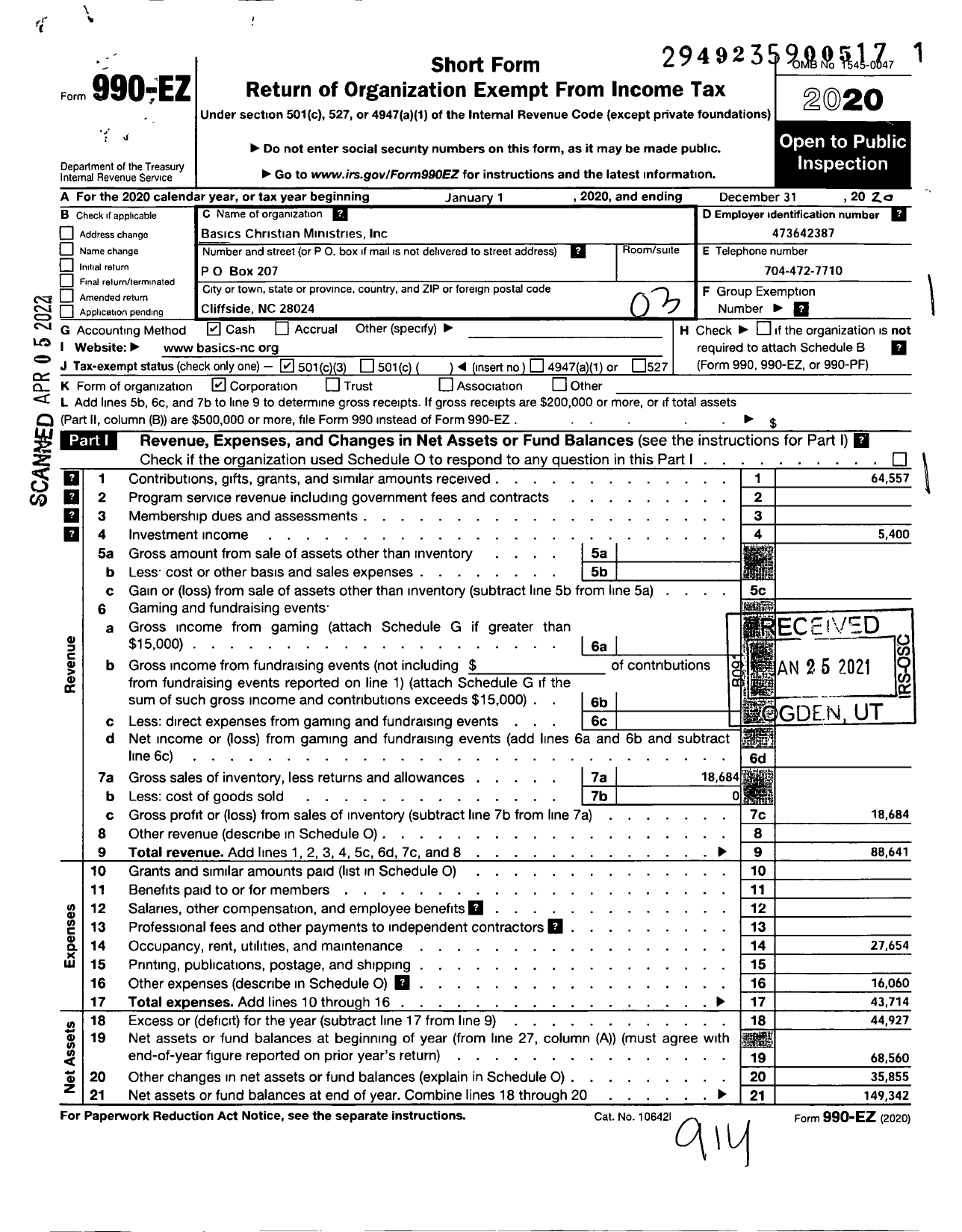 Image of first page of 2020 Form 990EZ for Basics Christian Ministries