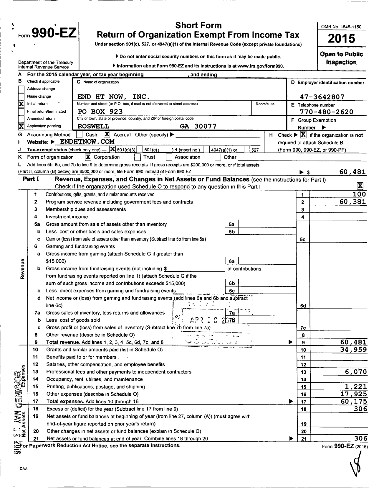 Image of first page of 2015 Form 990EZ for End HT Now