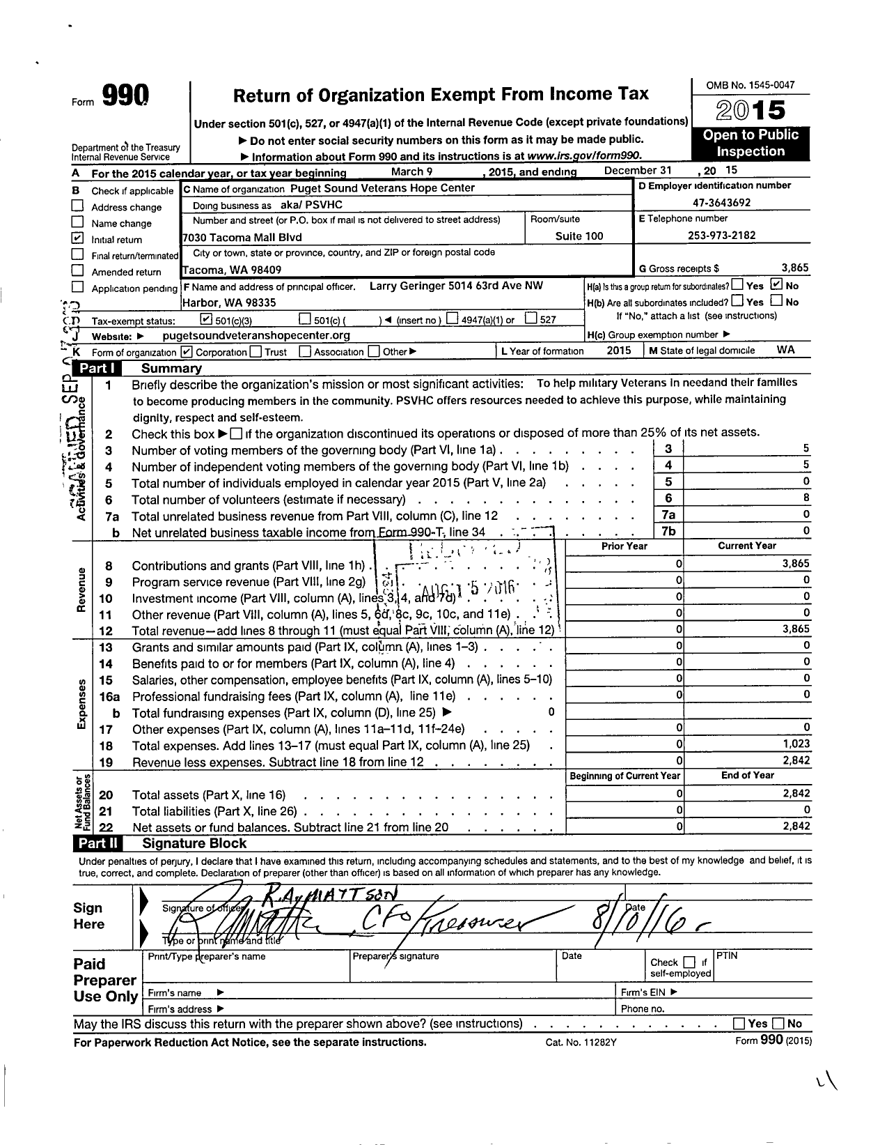 Image of first page of 2015 Form 990 for Puget Sound Veterans Hope Center