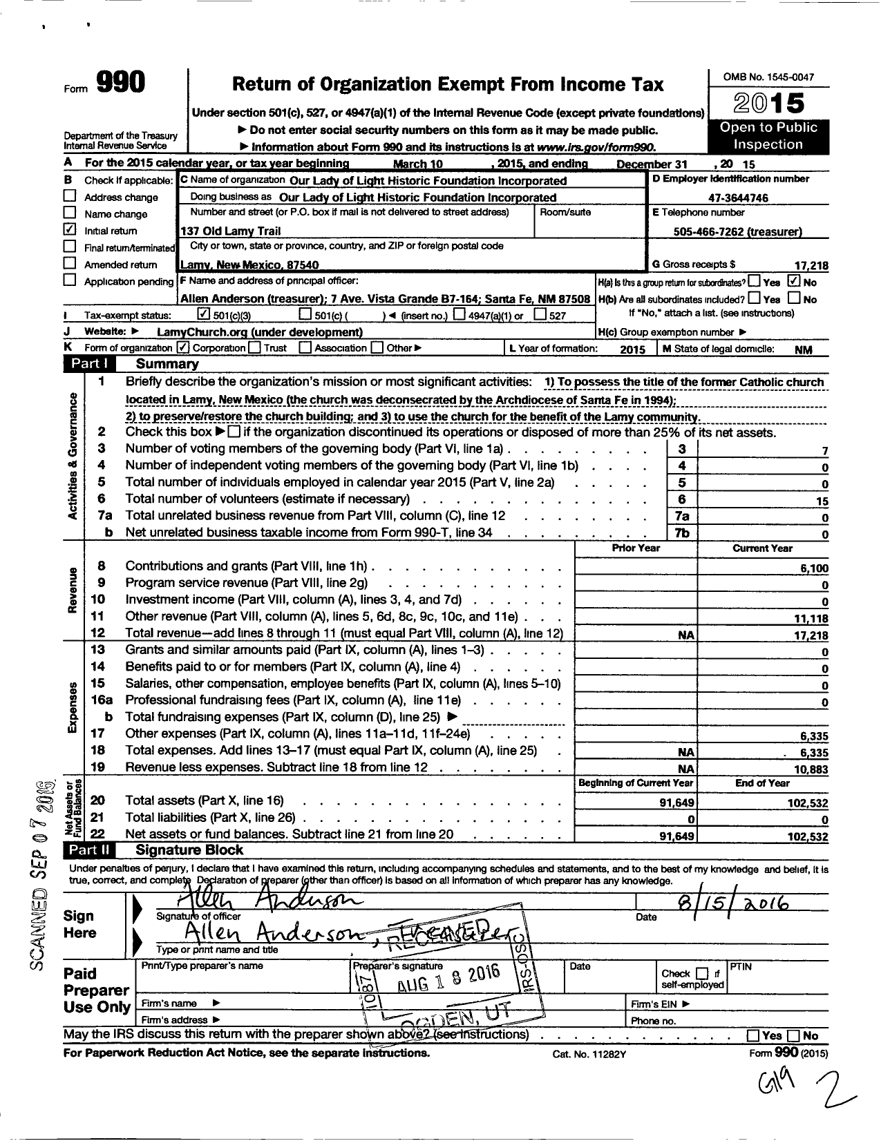 Image of first page of 2015 Form 990 for Our Lady of Light Histori Foundation Incorporated