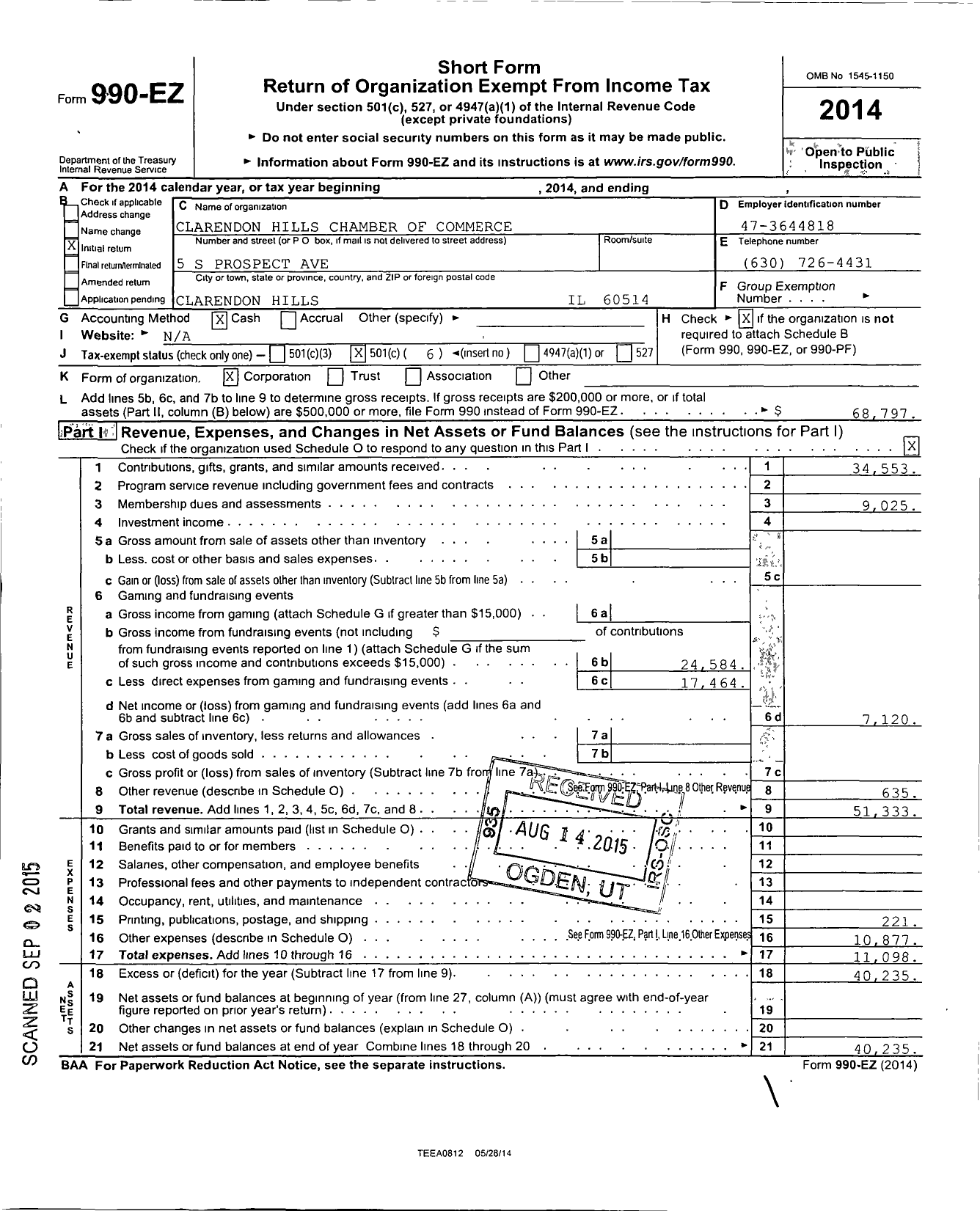 Image of first page of 2014 Form 990EO for Clarendon Hills Chamber of Commerce