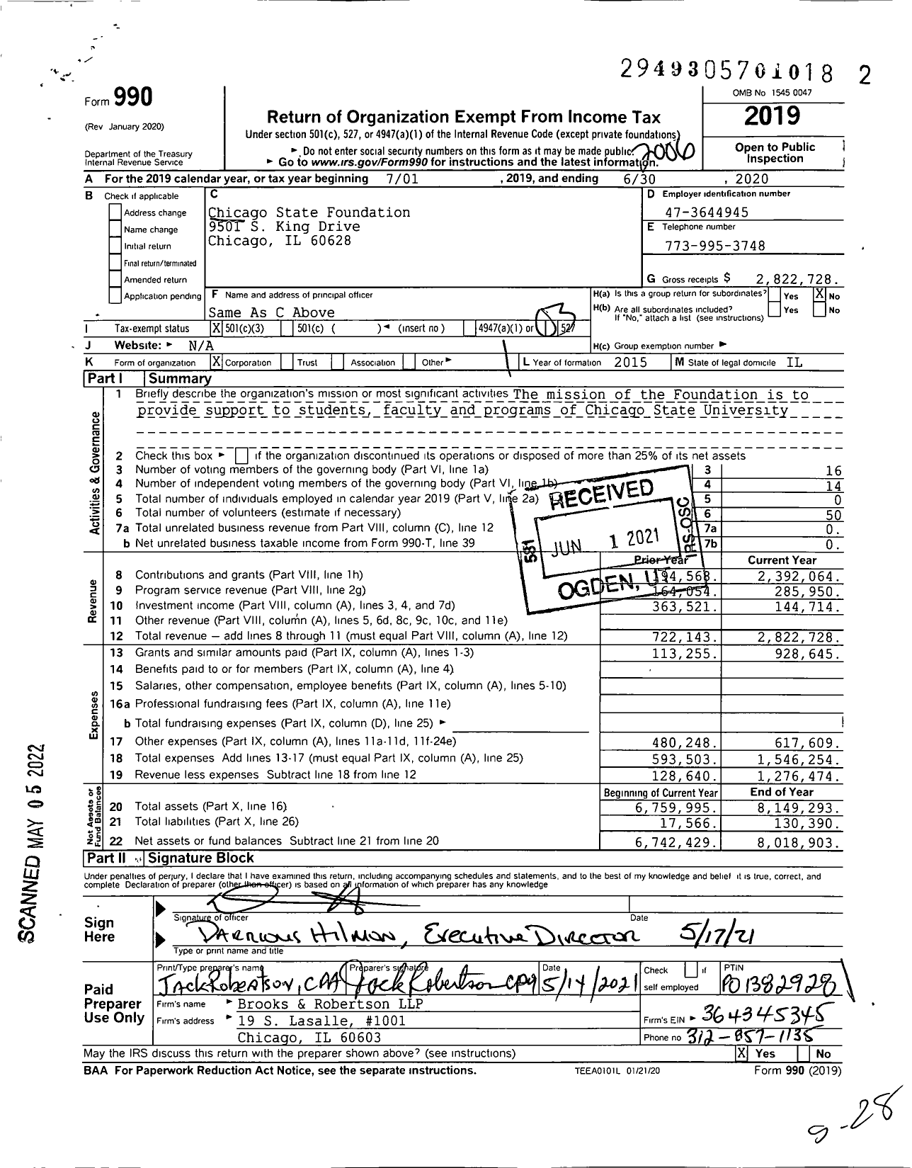 Image of first page of 2019 Form 990 for Chicago State Foundation
