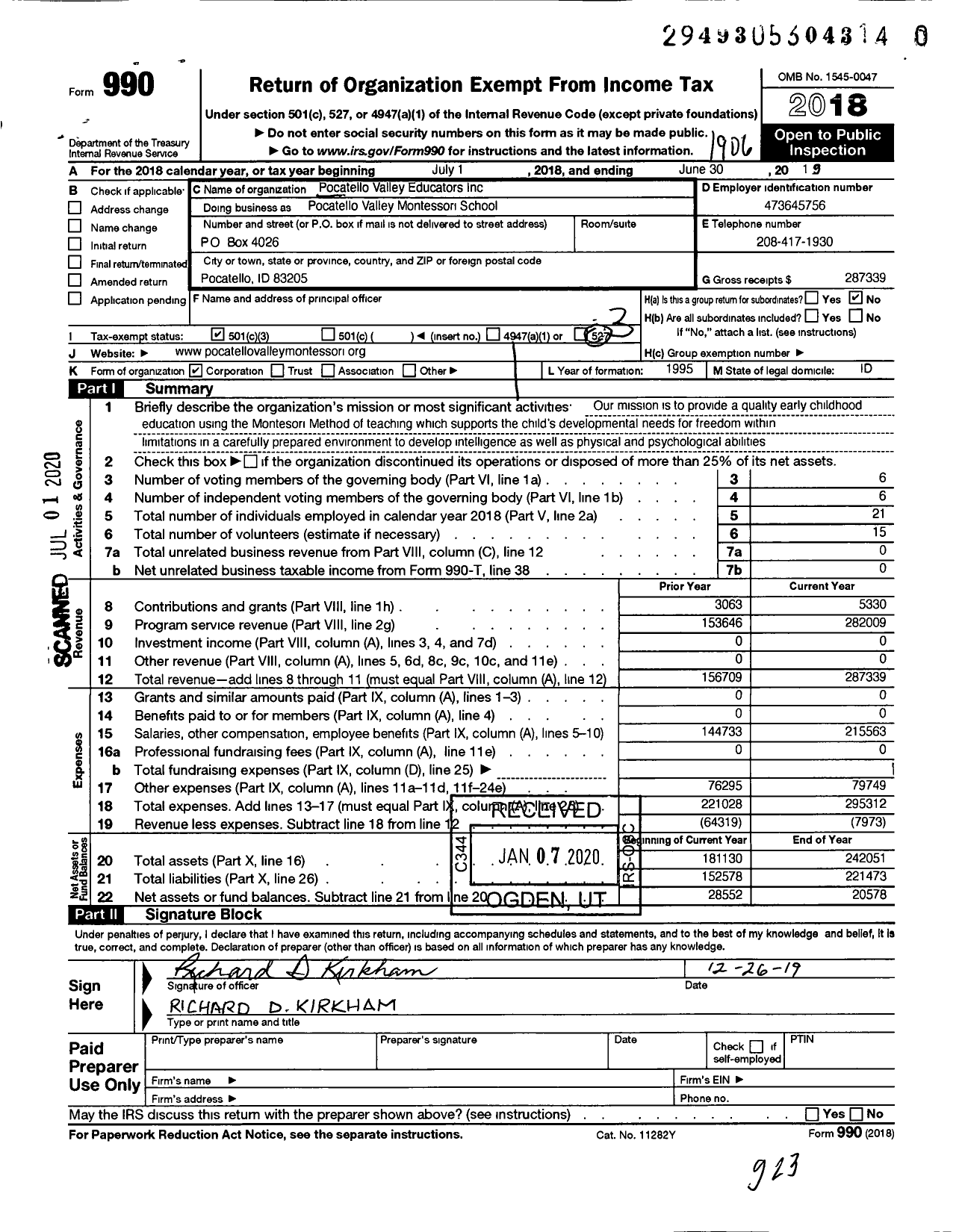 Image of first page of 2018 Form 990 for Pocatello Valley Montessori School