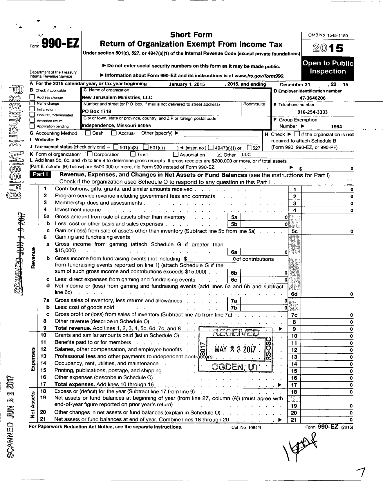 Image of first page of 2015 Form 990EO for World Ministry Fellowship / New Jerusalem Ministries Inc