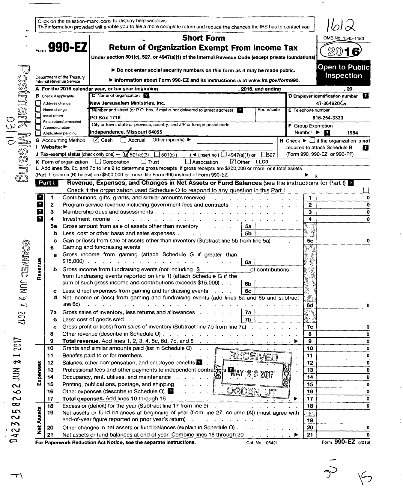 Image of first page of 2016 Form 990EZ for World Ministry Fellowship / New Jerusalem Ministries Inc