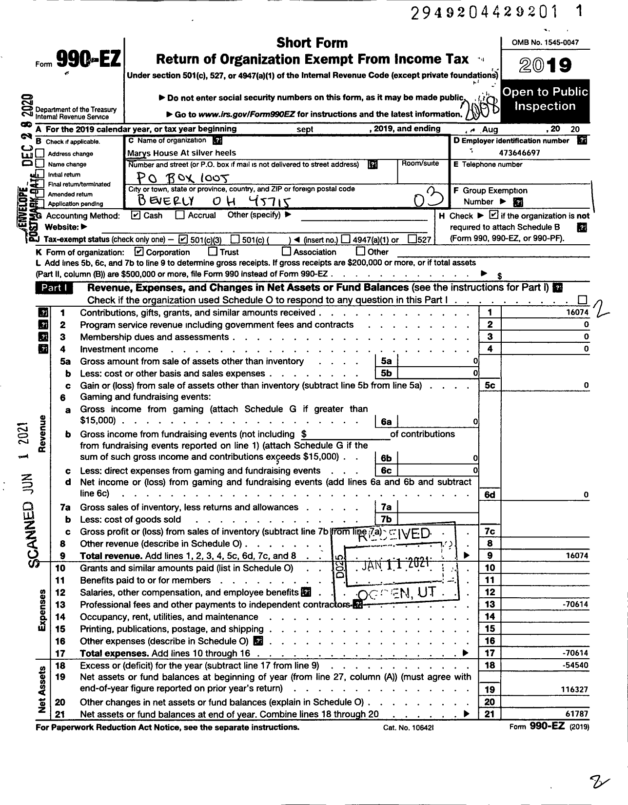 Image of first page of 2019 Form 990EZ for Mary's House At Silver Heels