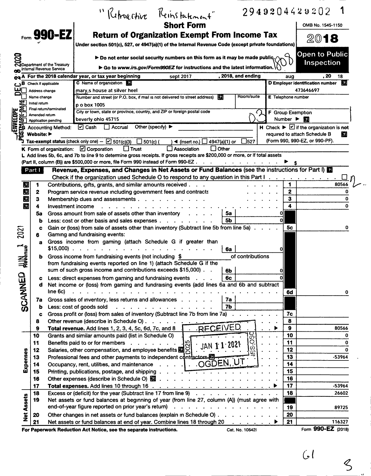 Image of first page of 2017 Form 990EZ for Mary's House At Silver Heels