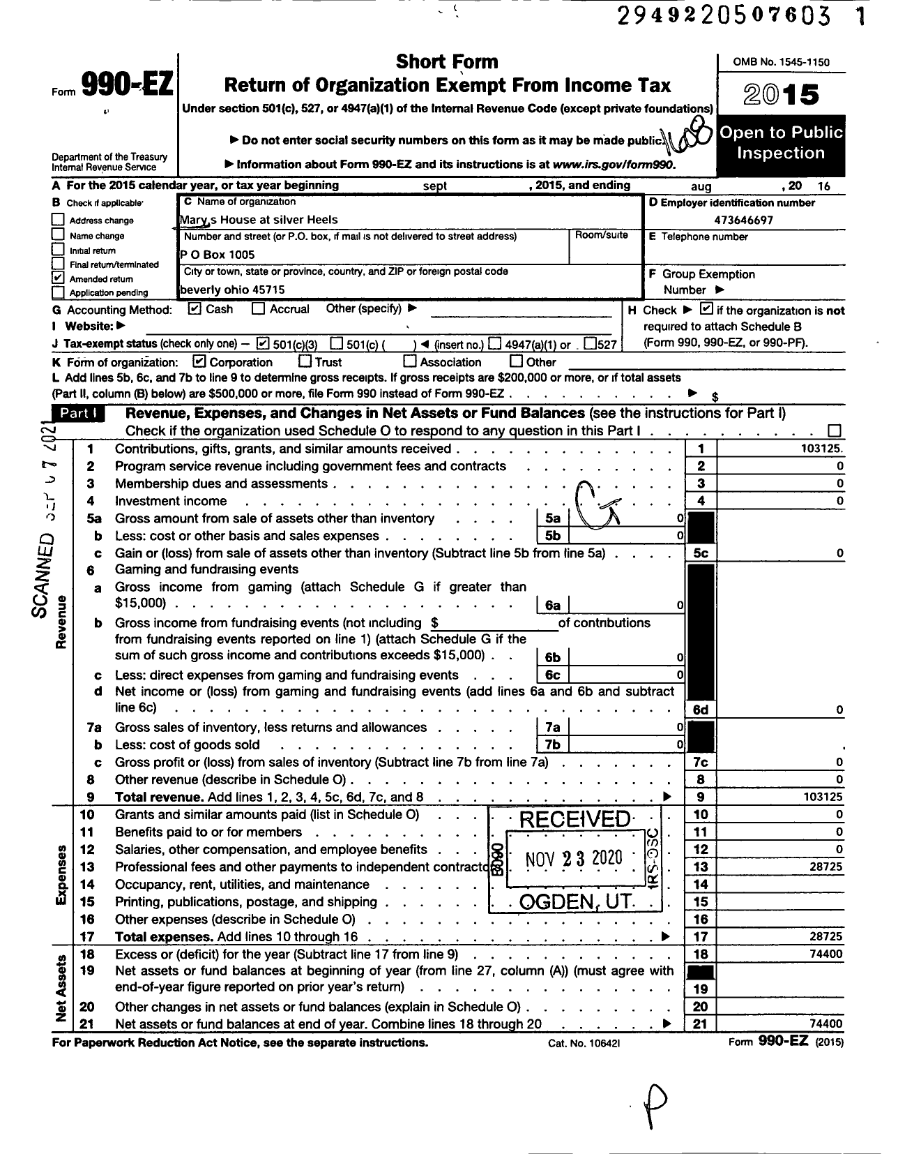 Image of first page of 2015 Form 990EZ for Mary's House At Silver Heels