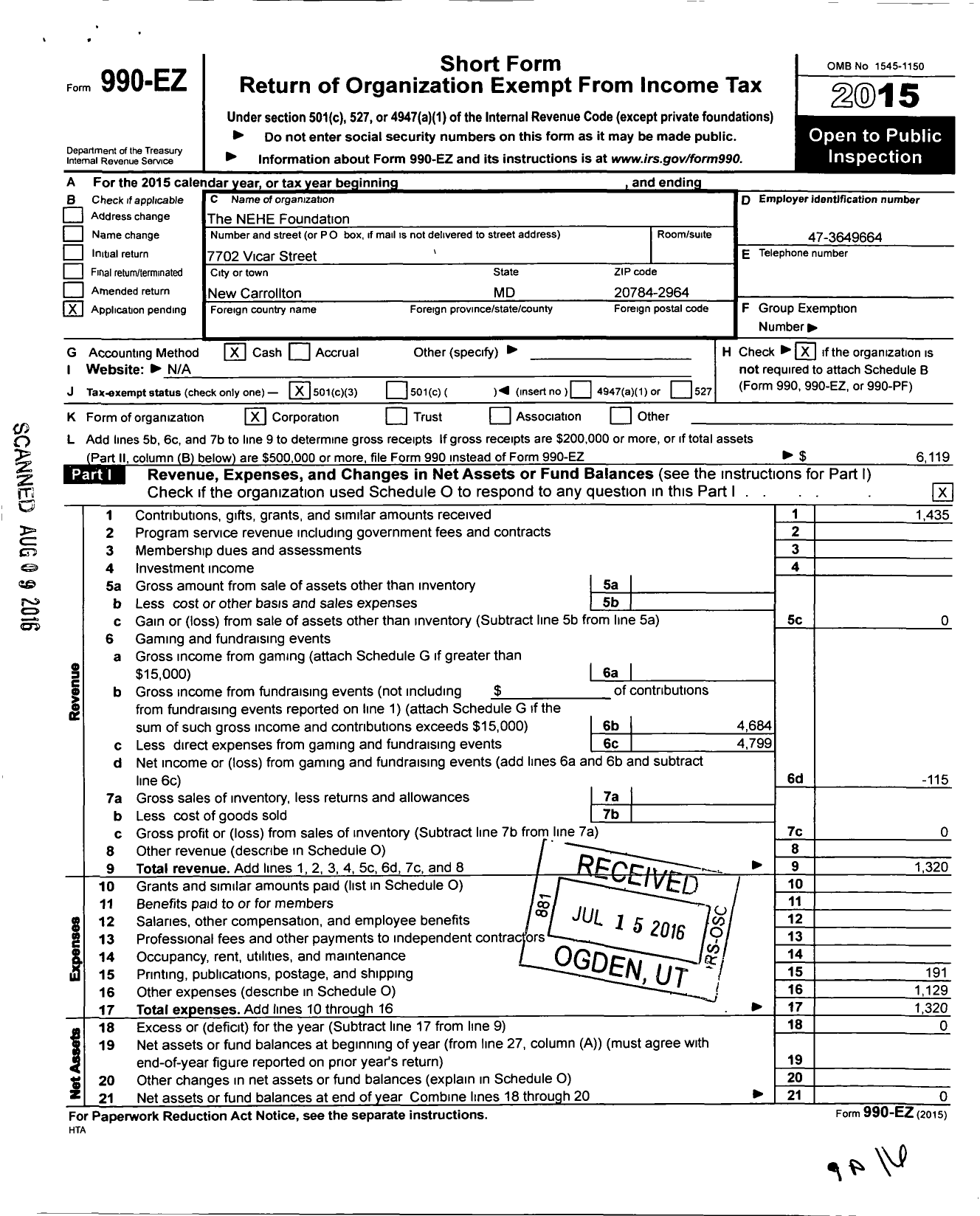 Image of first page of 2015 Form 990EZ for The NEHE Foundation