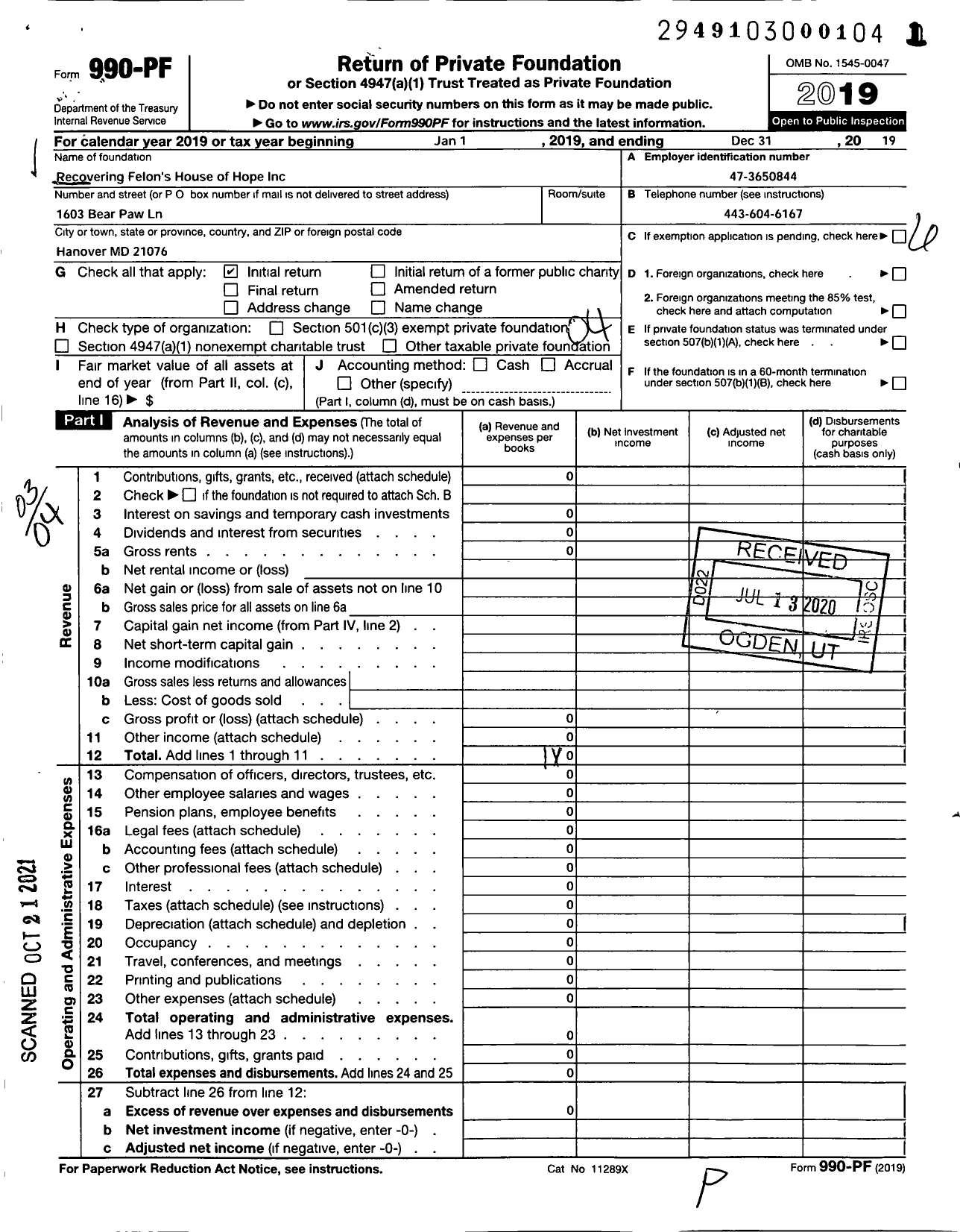 Image of first page of 2019 Form 990PF for Recovering Felons House of Hope