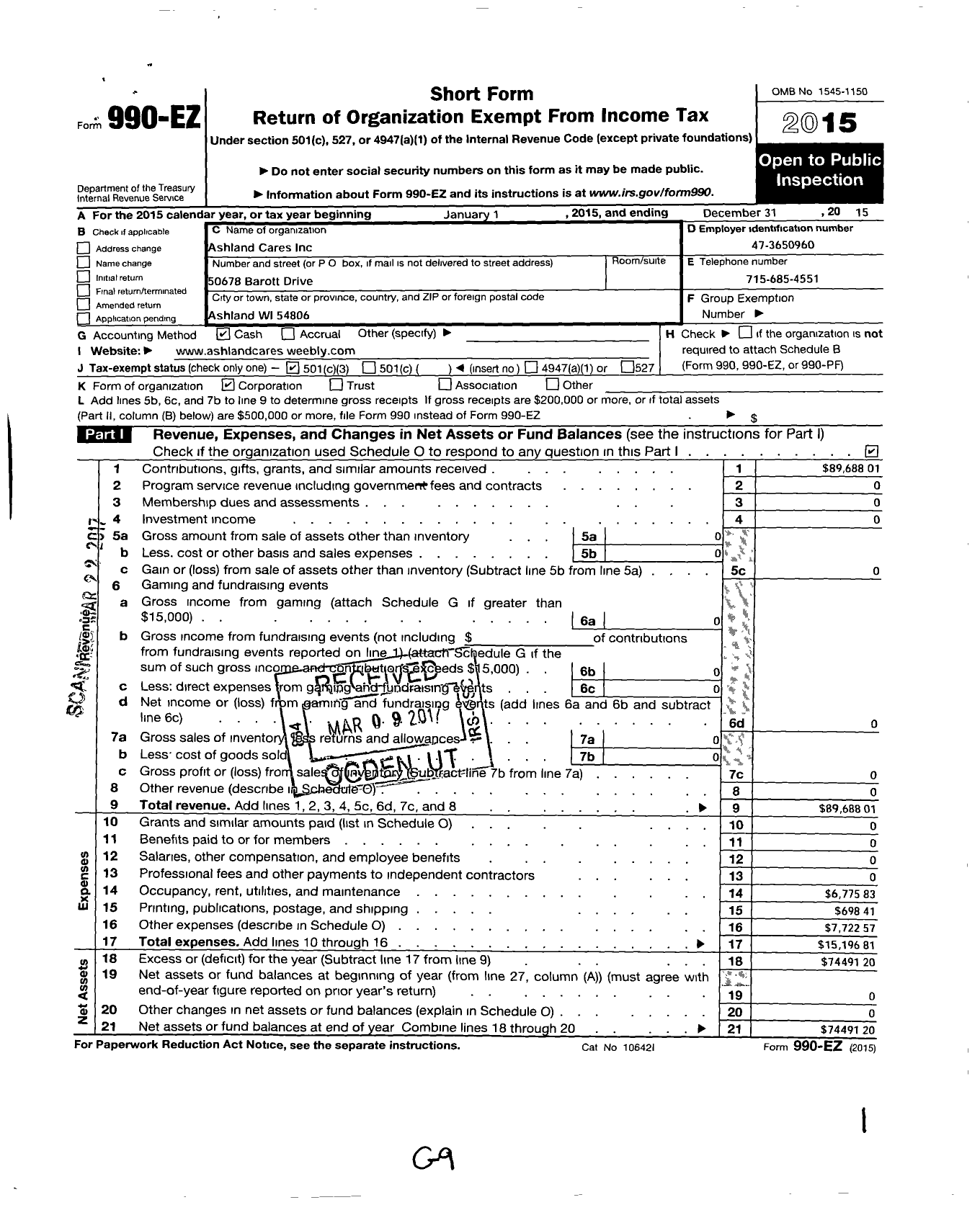 Image of first page of 2015 Form 990EZ for Ashland Cares