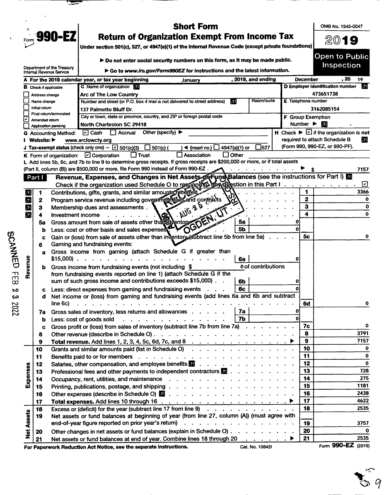 Image of first page of 2019 Form 990EZ for Arc of The Low Country