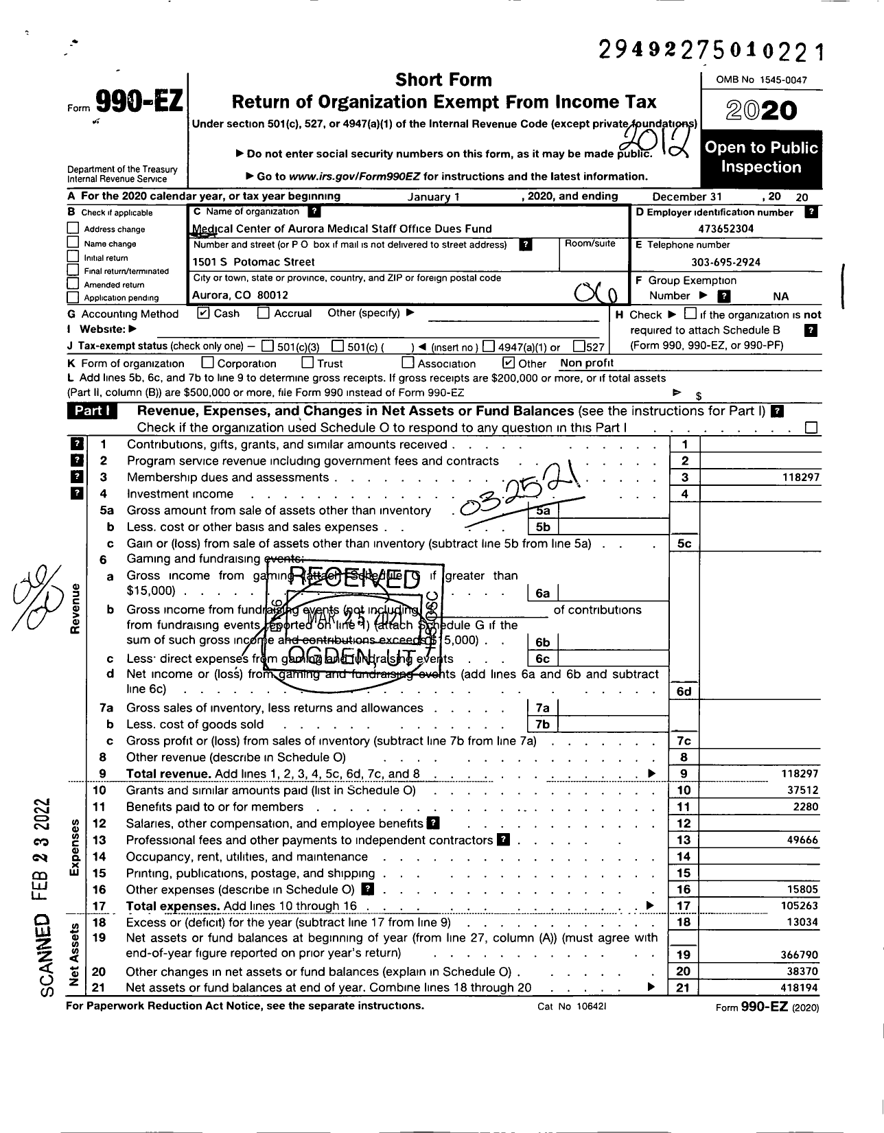 Image of first page of 2020 Form 990EO for Medical Center of Aurora Medical Staff Dues Fund