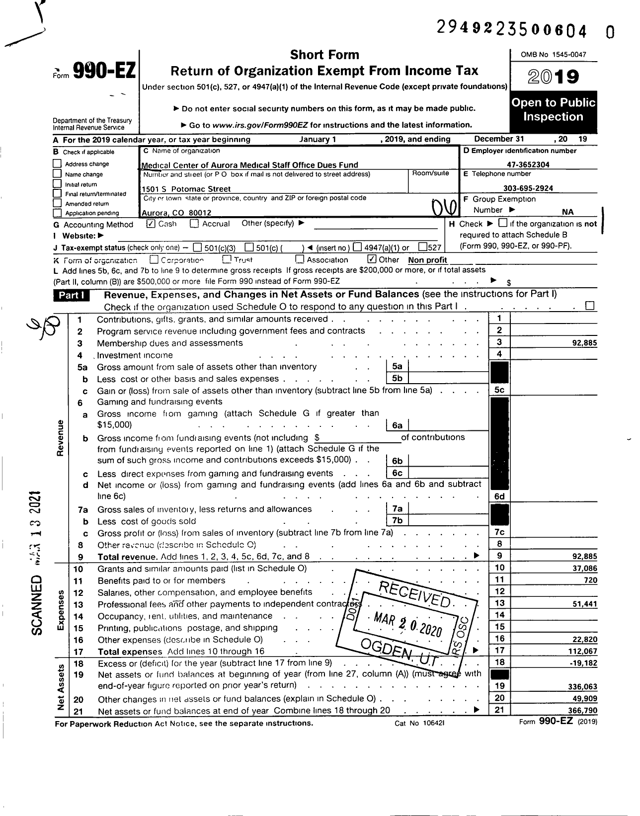 Image of first page of 2019 Form 990EO for Medical Center of Aurora Medical Staff Dues Fund