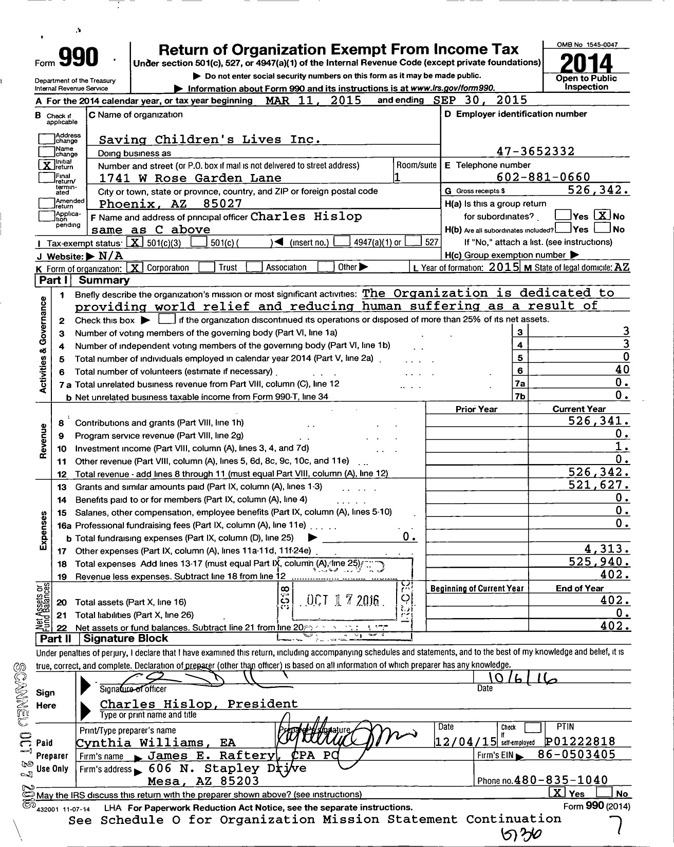 Image of first page of 2014 Form 990 for Saving Childrens Lives
