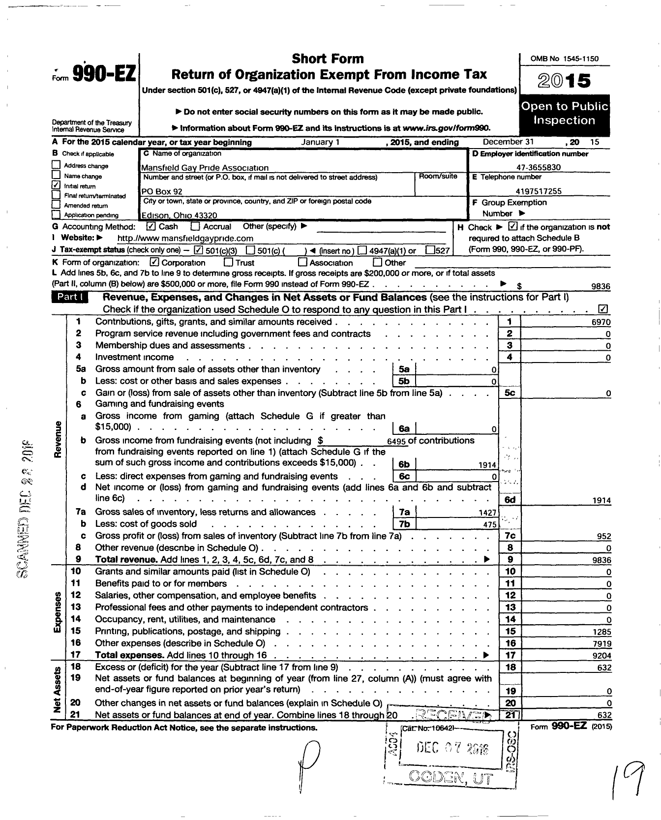 Image of first page of 2015 Form 990EZ for Mansfield Gay Pride Association