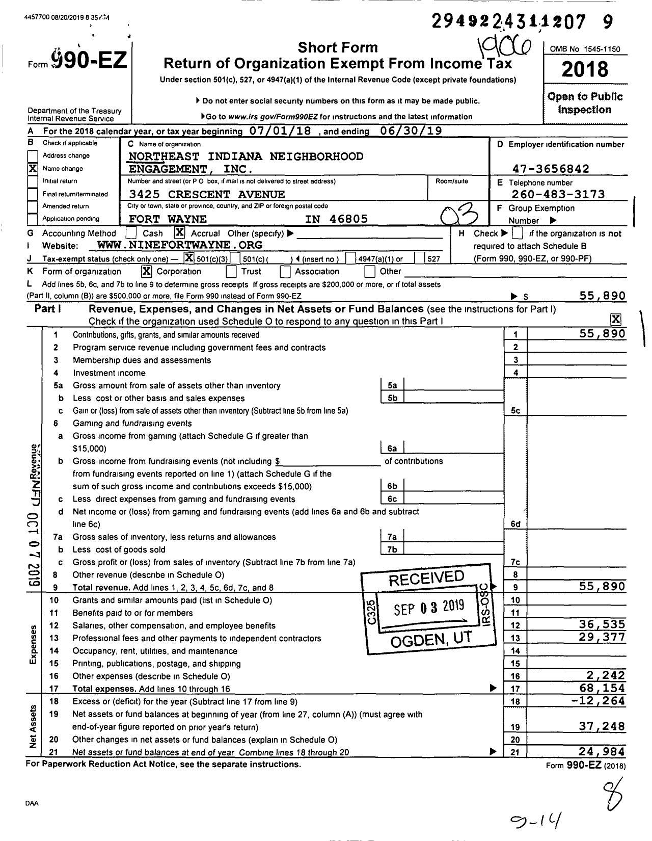 Image of first page of 2018 Form 990EZ for Northeast Indiana Neighborhood Engagement