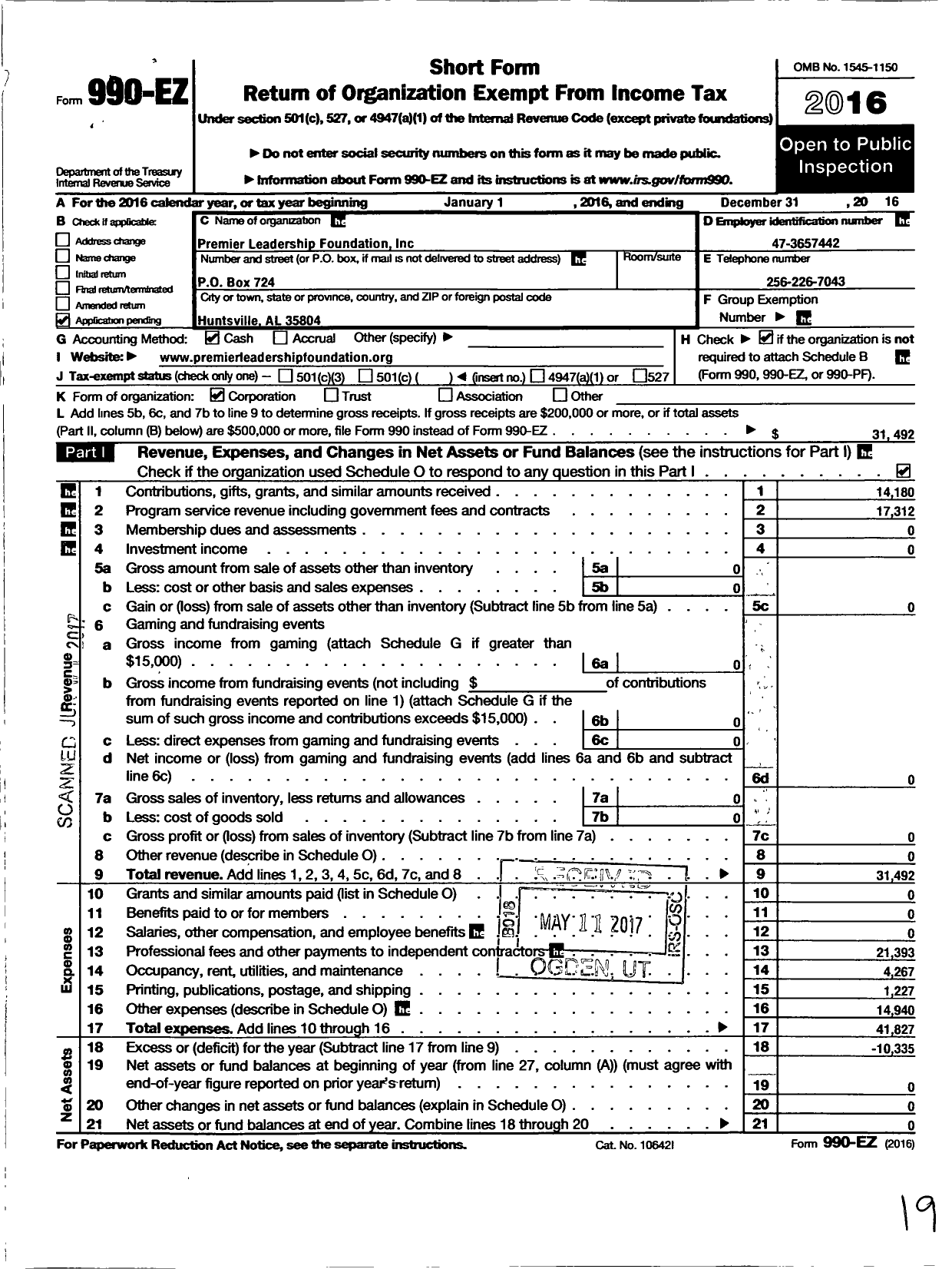 Image of first page of 2016 Form 990EO for Premier Leadership Foundation