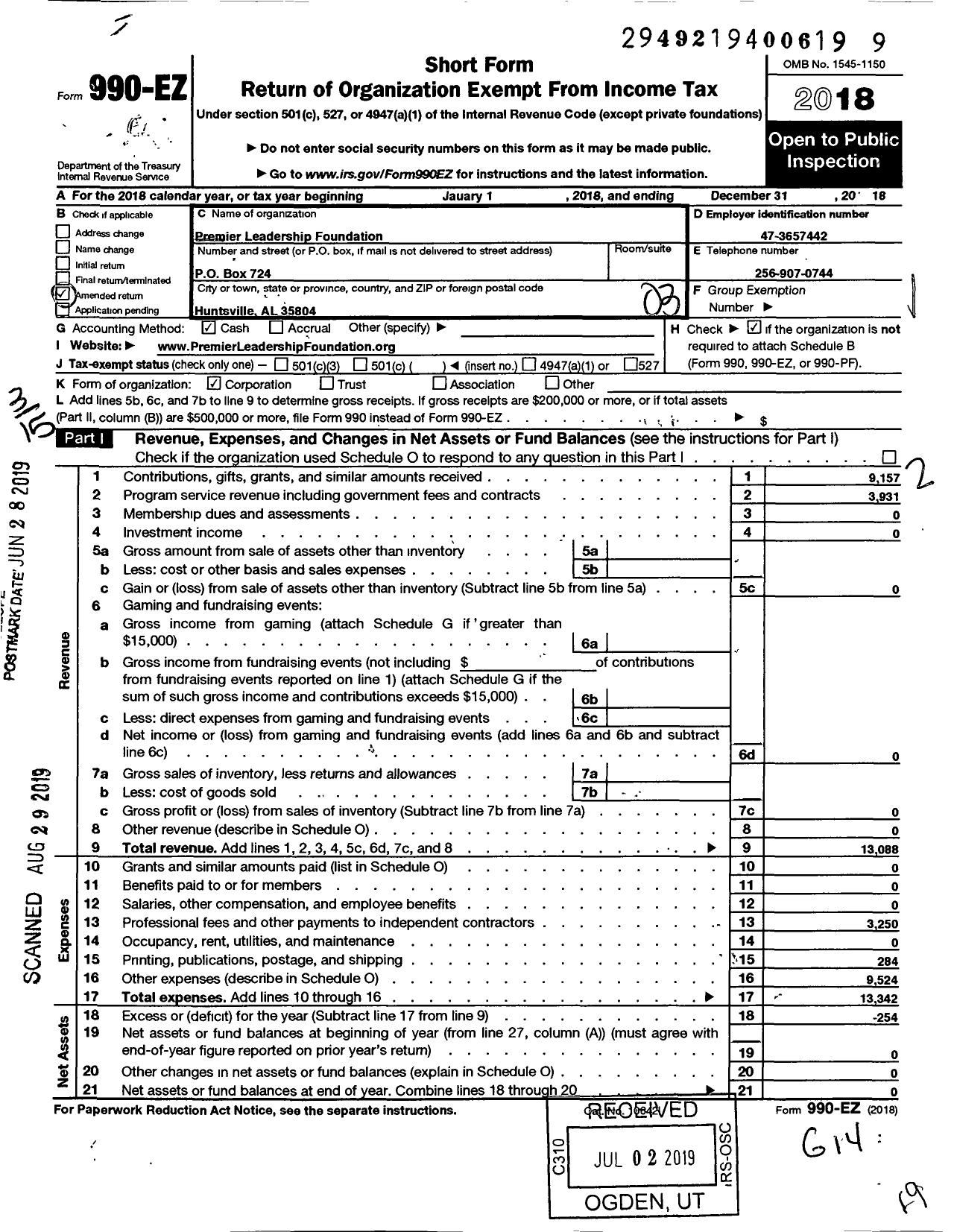 Image of first page of 2018 Form 990EZ for Premier Leadership Foundation