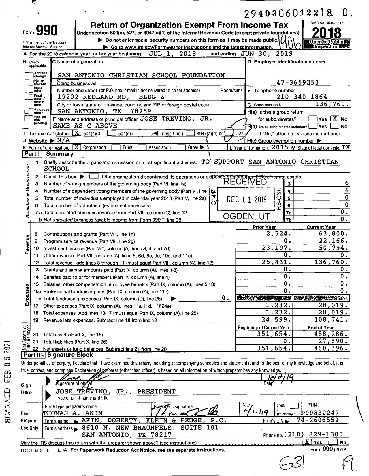 Image of first page of 2018 Form 990 for San Antonio Christian School Foundation