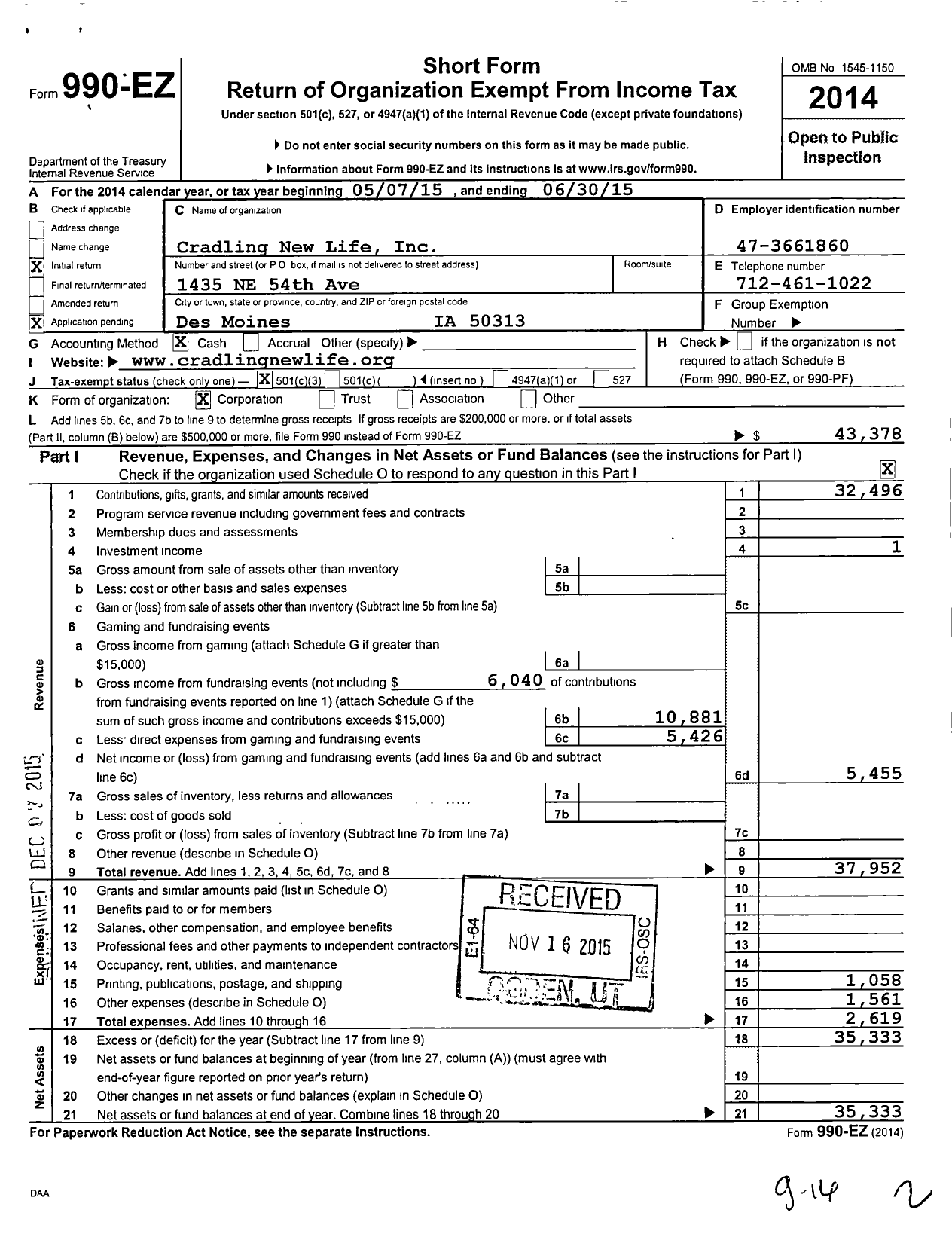 Image of first page of 2014 Form 990EZ for Cradling New Life