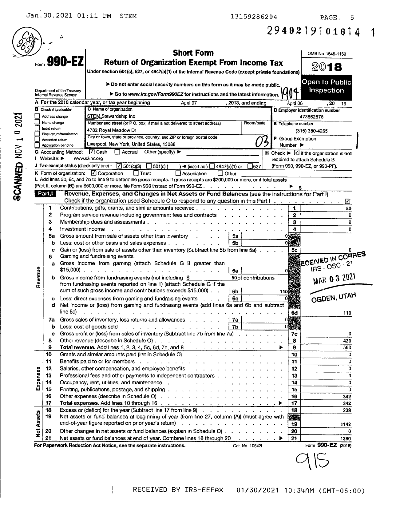 Image of first page of 2018 Form 990EZ for Stem Stewardship