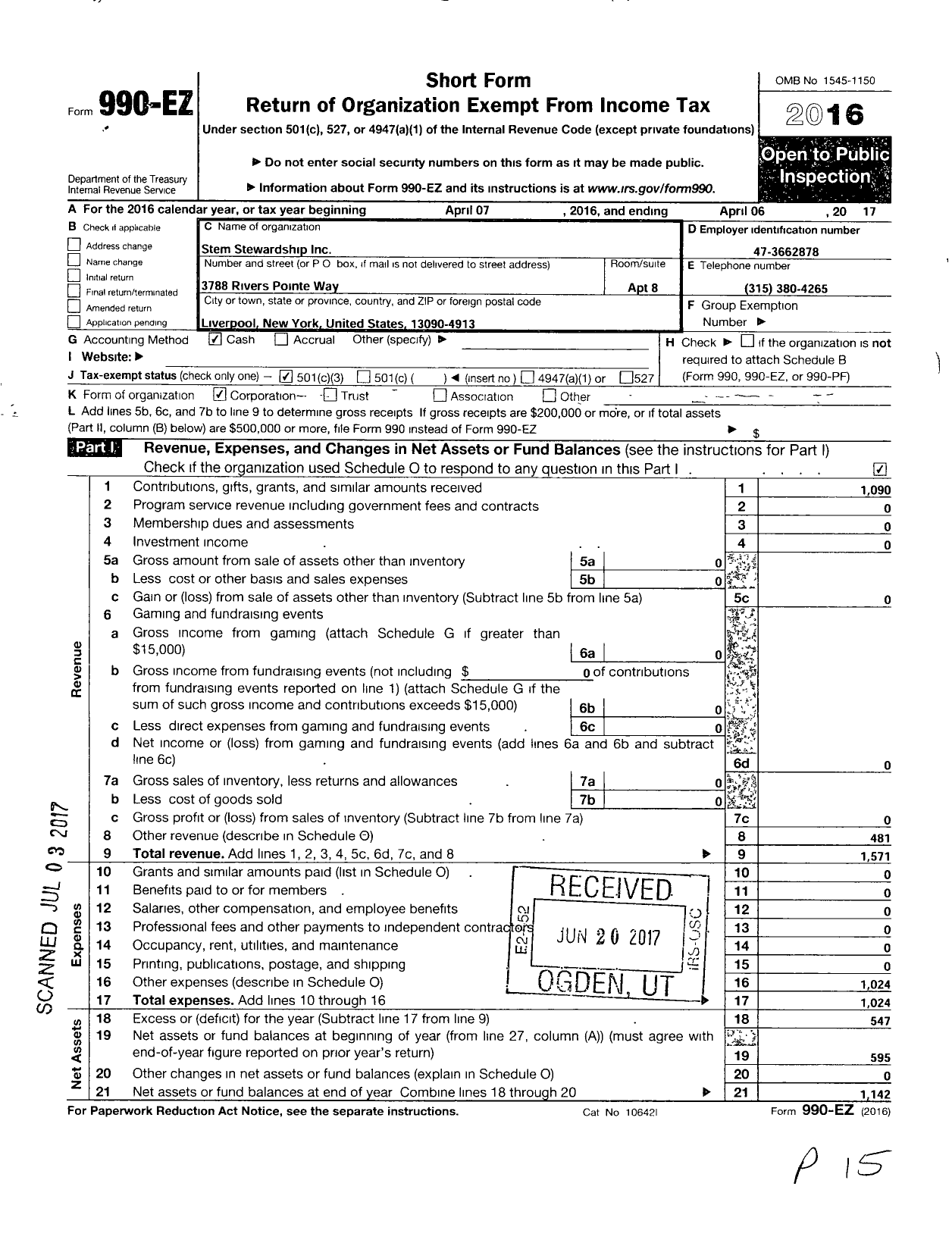 Image of first page of 2016 Form 990EZ for Stem Stewardship