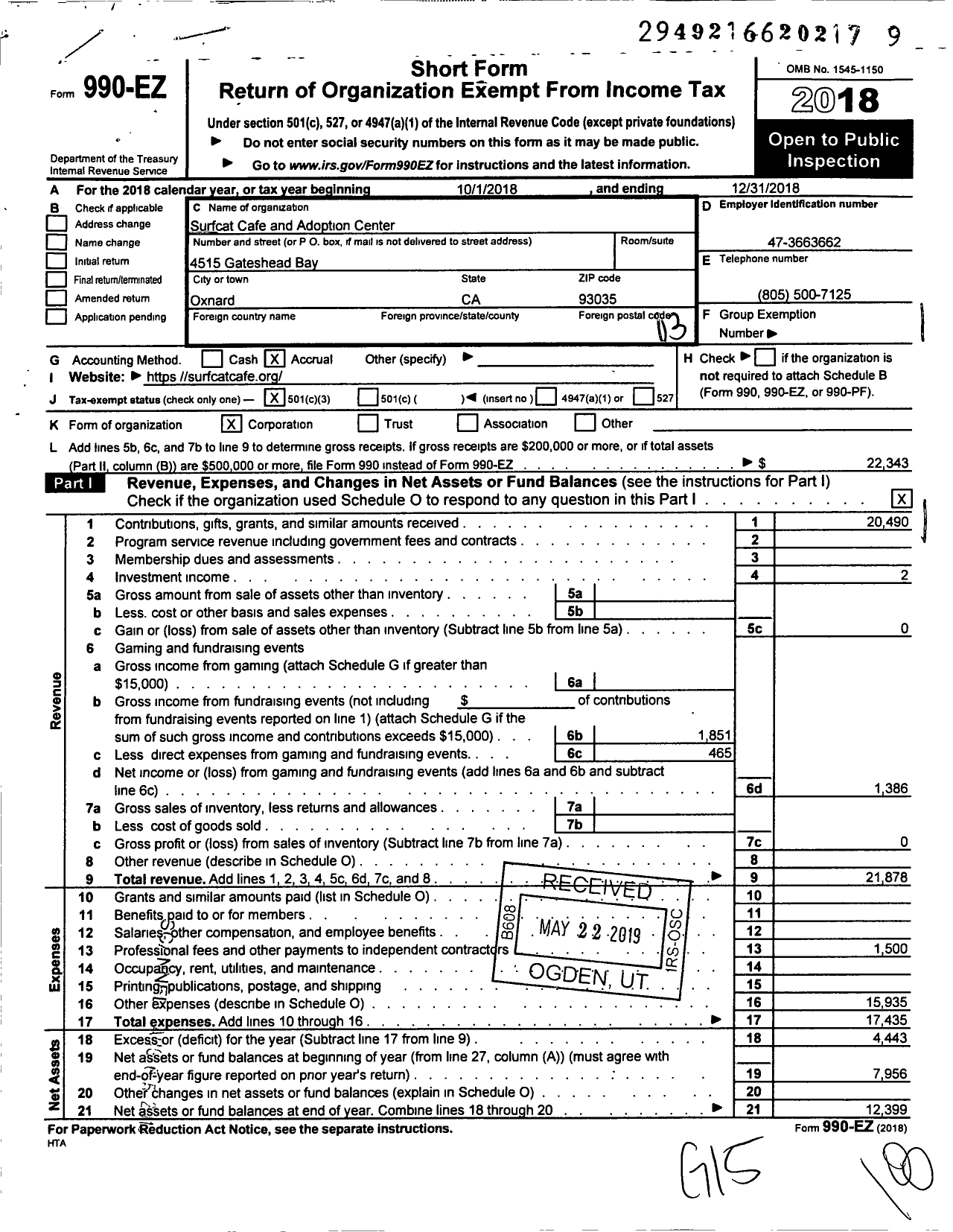 Image of first page of 2018 Form 990EZ for Surfcat Cafe and Adoption Center