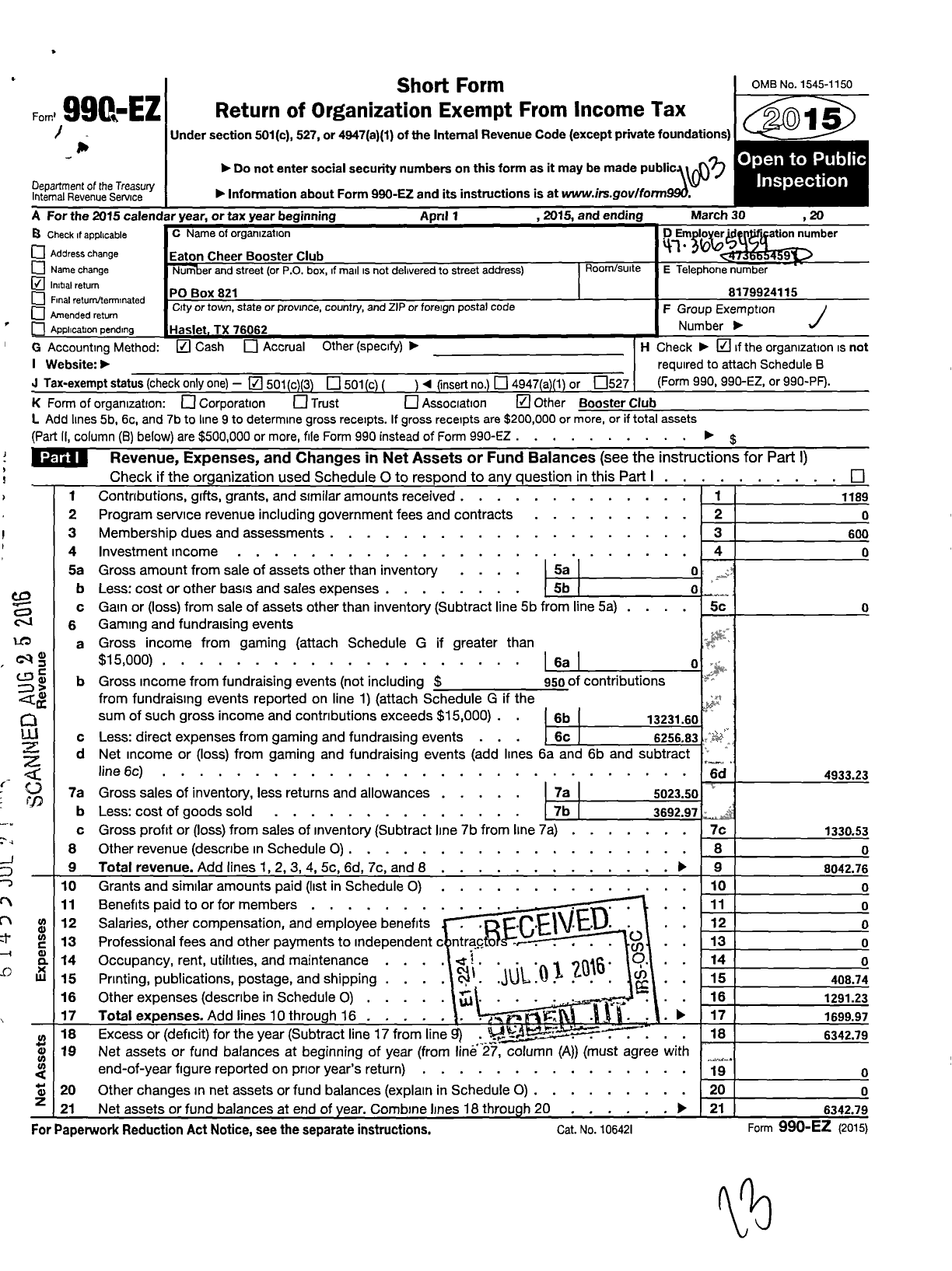 Image of first page of 2015 Form 990EZ for Eaton Cheer Booster Club