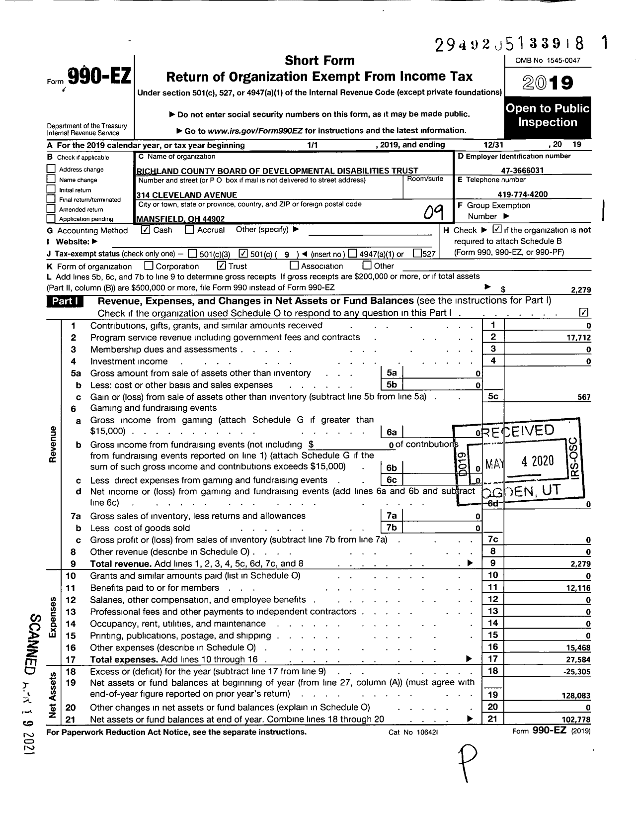 Image of first page of 2019 Form 990EO for Richland County Board of Developmental Disabilities Trust