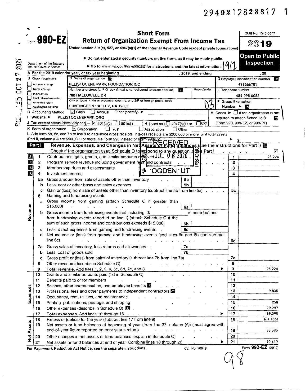 Image of first page of 2019 Form 990EZ for Pleistocene Park Foundation