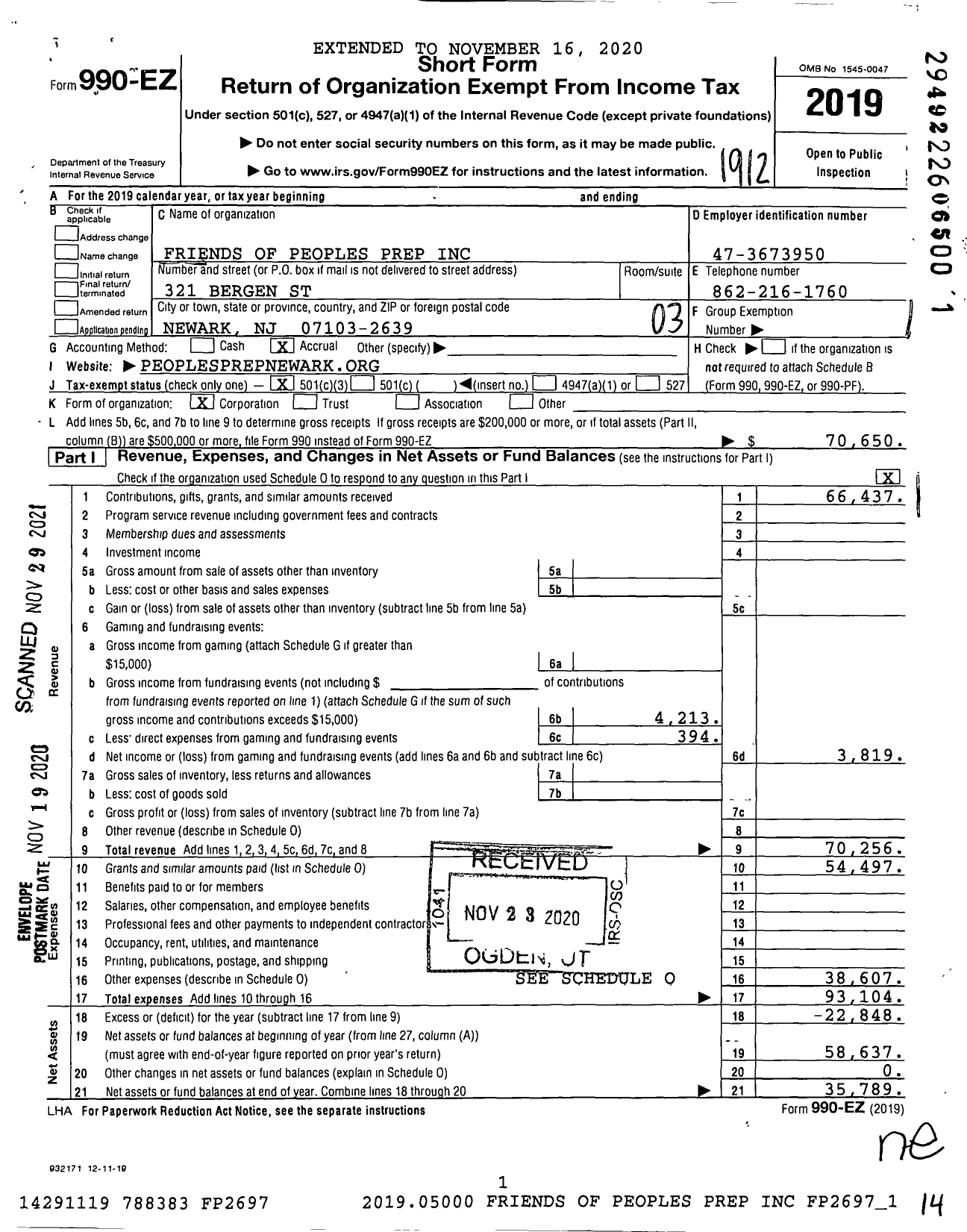 Image of first page of 2019 Form 990EZ for Friends of Peoples Prep