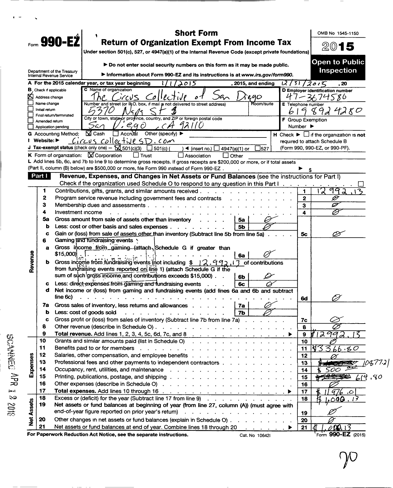 Image of first page of 2015 Form 990EZ for Circus Collective of San Diego