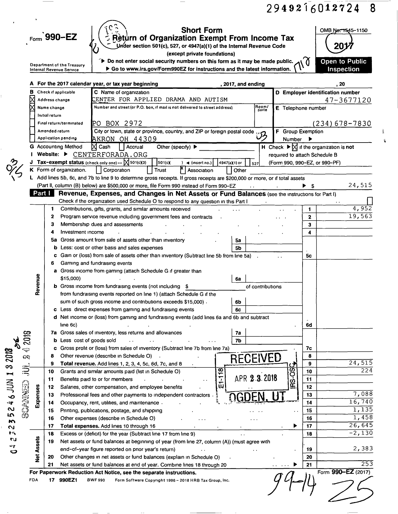 Image of first page of 2017 Form 990EZ for Center for Applied Drama and Autism