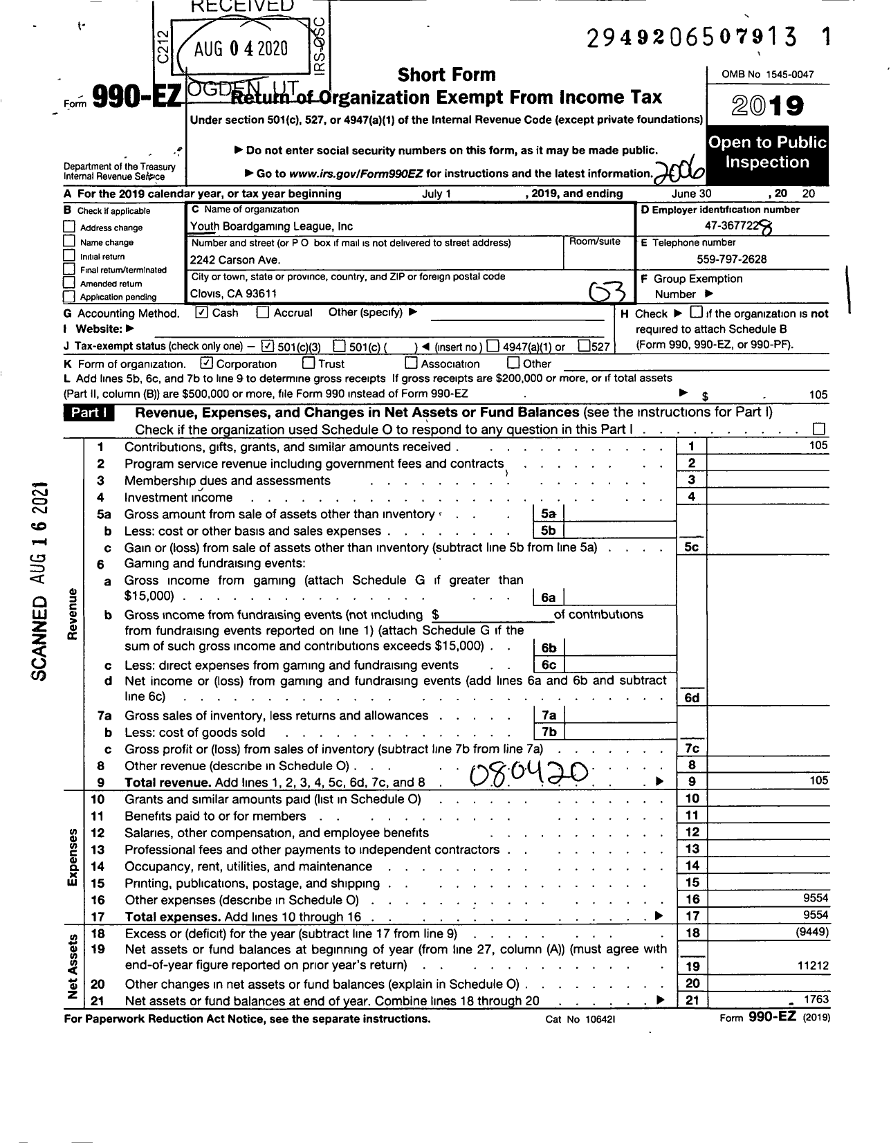 Image of first page of 2019 Form 990EZ for Youth Boardgaming League