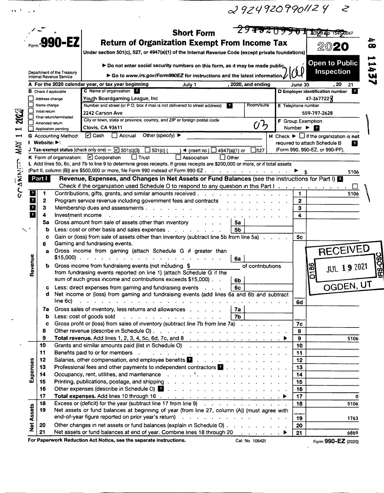 Image of first page of 2020 Form 990EZ for Youth Boardgaming League